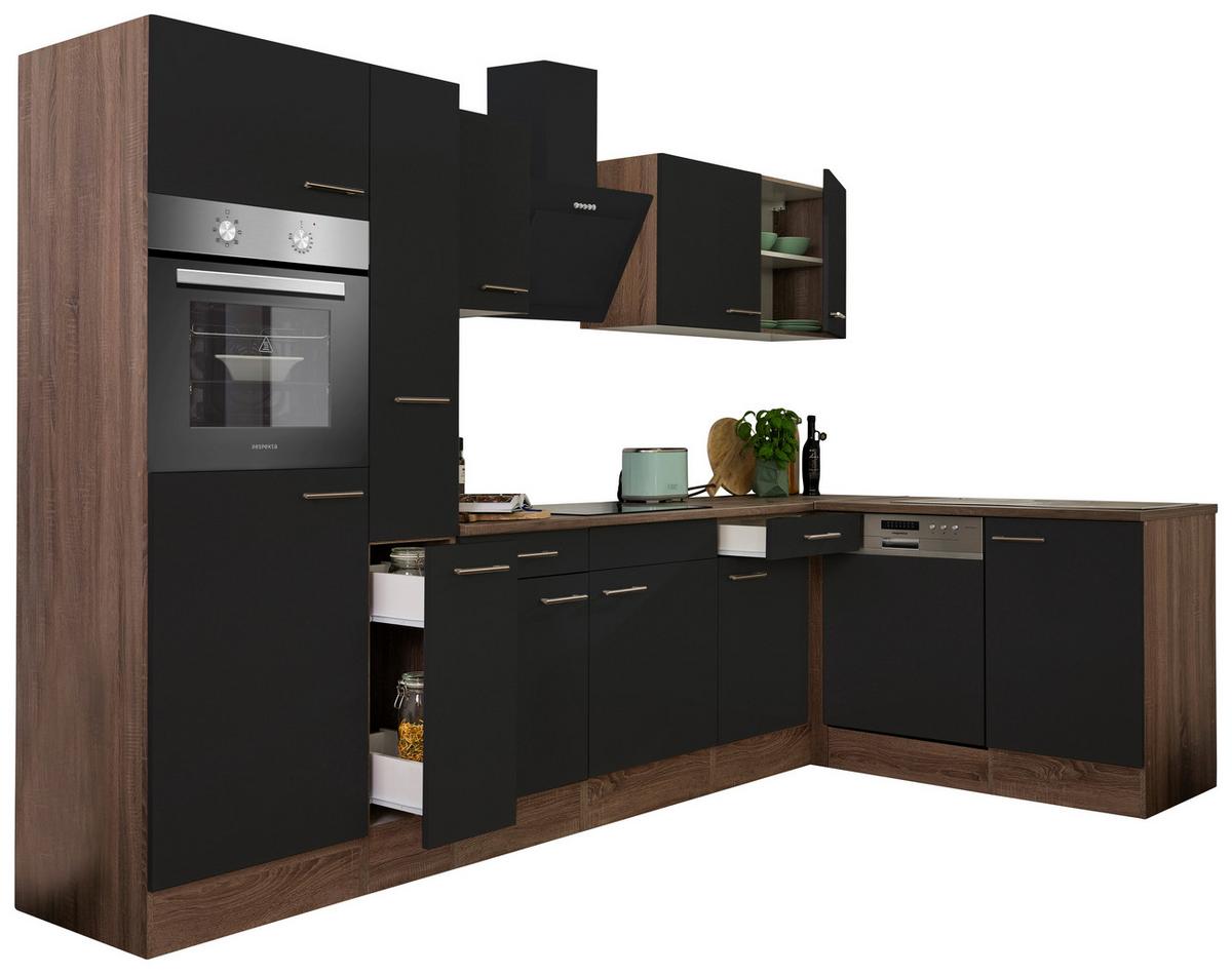 Eckküche Oliver mit Geräten ca. 310x172 cm Schwarz - Eichefarben/Schwarz, Basics, Holzwerkstoff/Metall (310/172cm) - Respekta