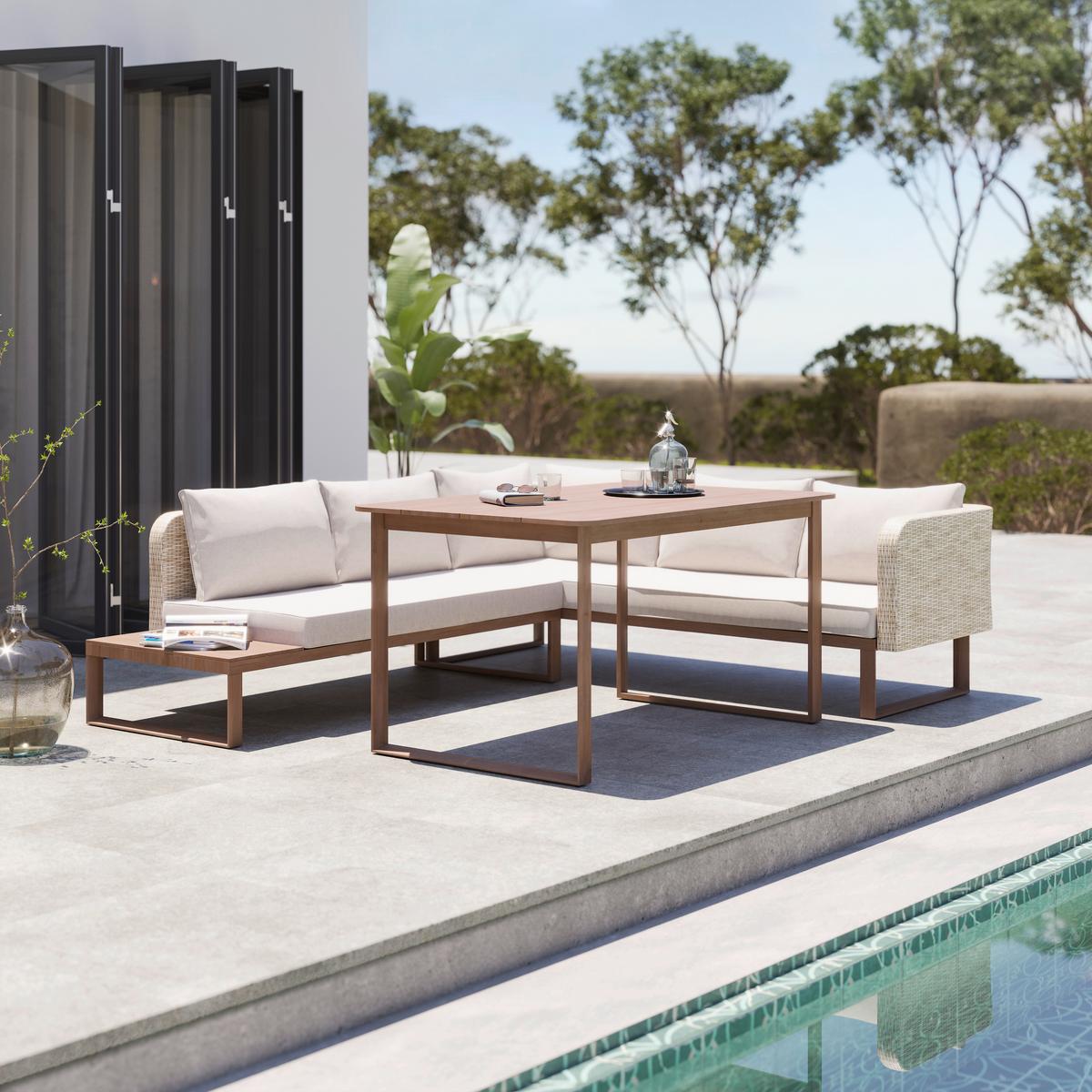 KOMPLET STOŁOWY NA TARAS ELISAVETA - kremowy/jasnobrązowy, Modern, tworzywo sztuczne/metal (254/69/215cm) - Bessagi Garden