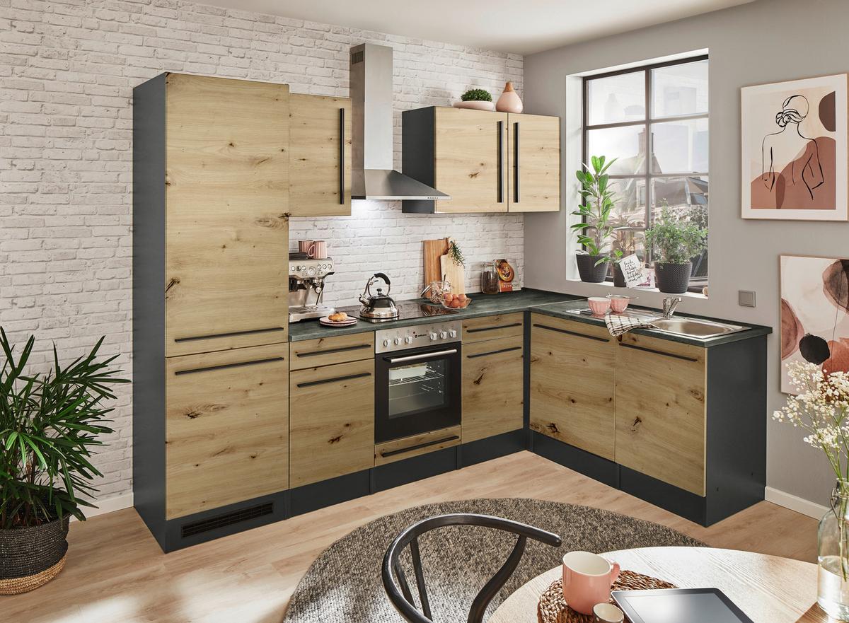 Eckküche Jazz mit Geräten ca.280x175cm Eiche/Anthrazit - Anthrazit/Schwarz, LIFESTYLE, Holzwerkstoff/Kunststoff (280/175cm) - P & B