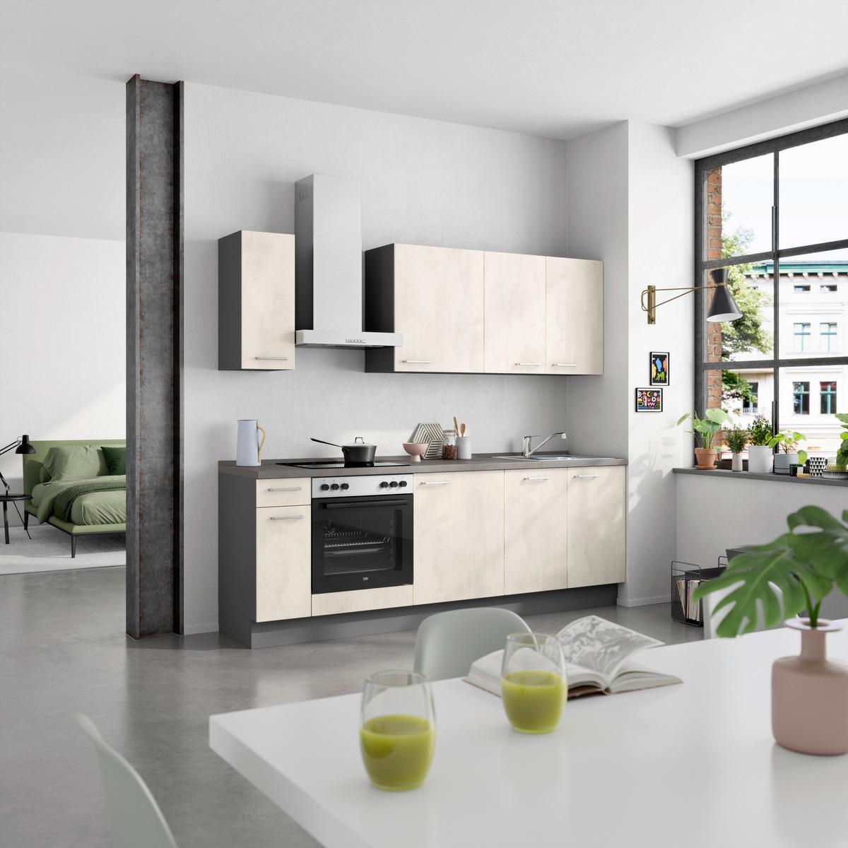 Küchenblock Riva Low m. Geräten Weiß - Schieferfarben/Edelstahlfarben, MODERN, Holzwerkstoff/Metall (240cm) - Nobilia
