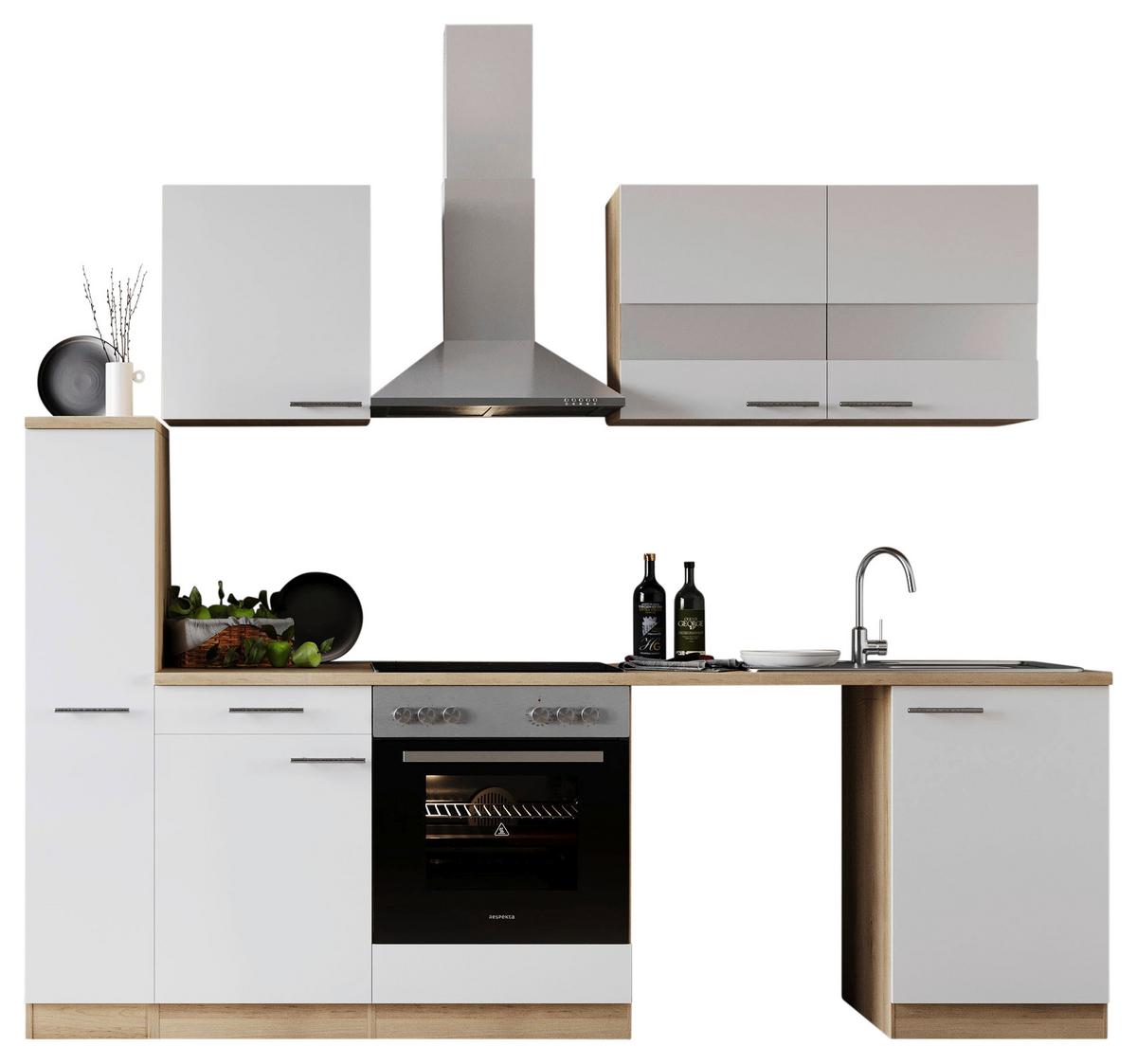 Küchenblock Merle m. Geräten Weiß - Edelstahlfarben/Eichefarben, Basics, Glas/Holzwerkstoff (250cm) - Respekta