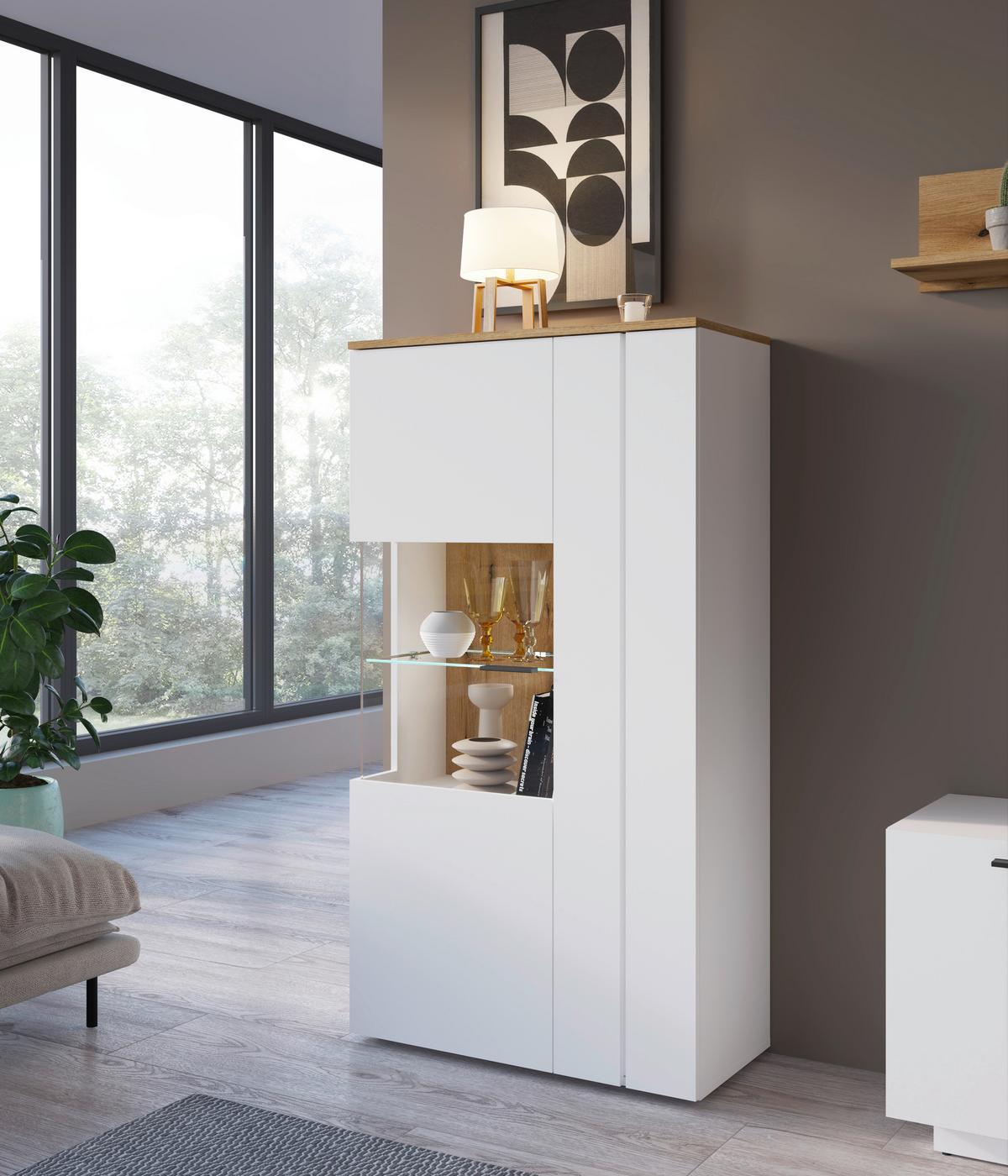 Vitrina Dalano - bijela/boje hrasta, Trend, staklo/drvni materijal (77,7/144,2/37,2cm) - Modern Living