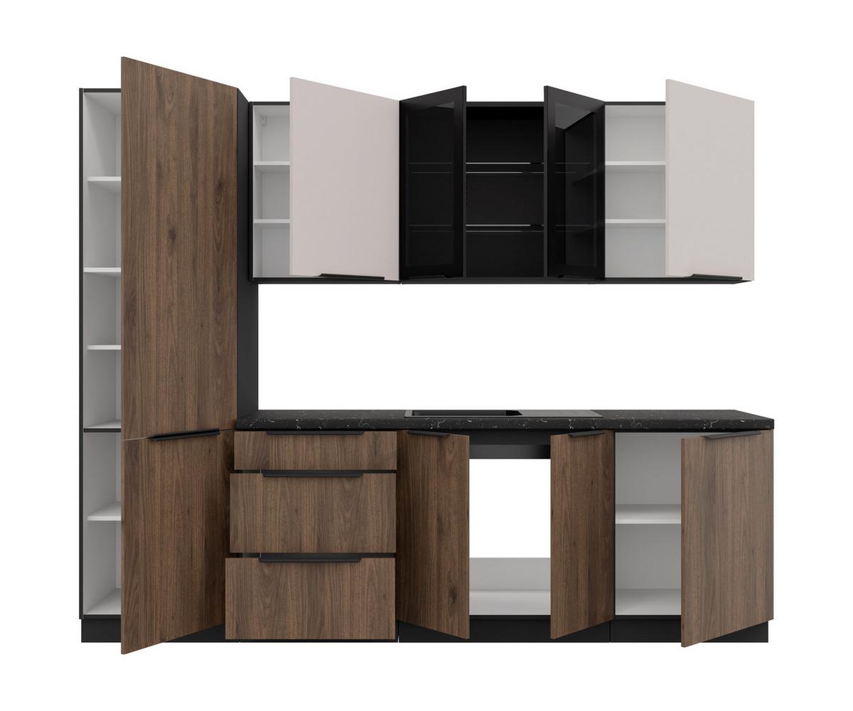 Blok Kuhinja Monza/arona - kašmir/boja orahovog drveta, Moderno, staklo/metal (260/210/60cm) - Modern Living
