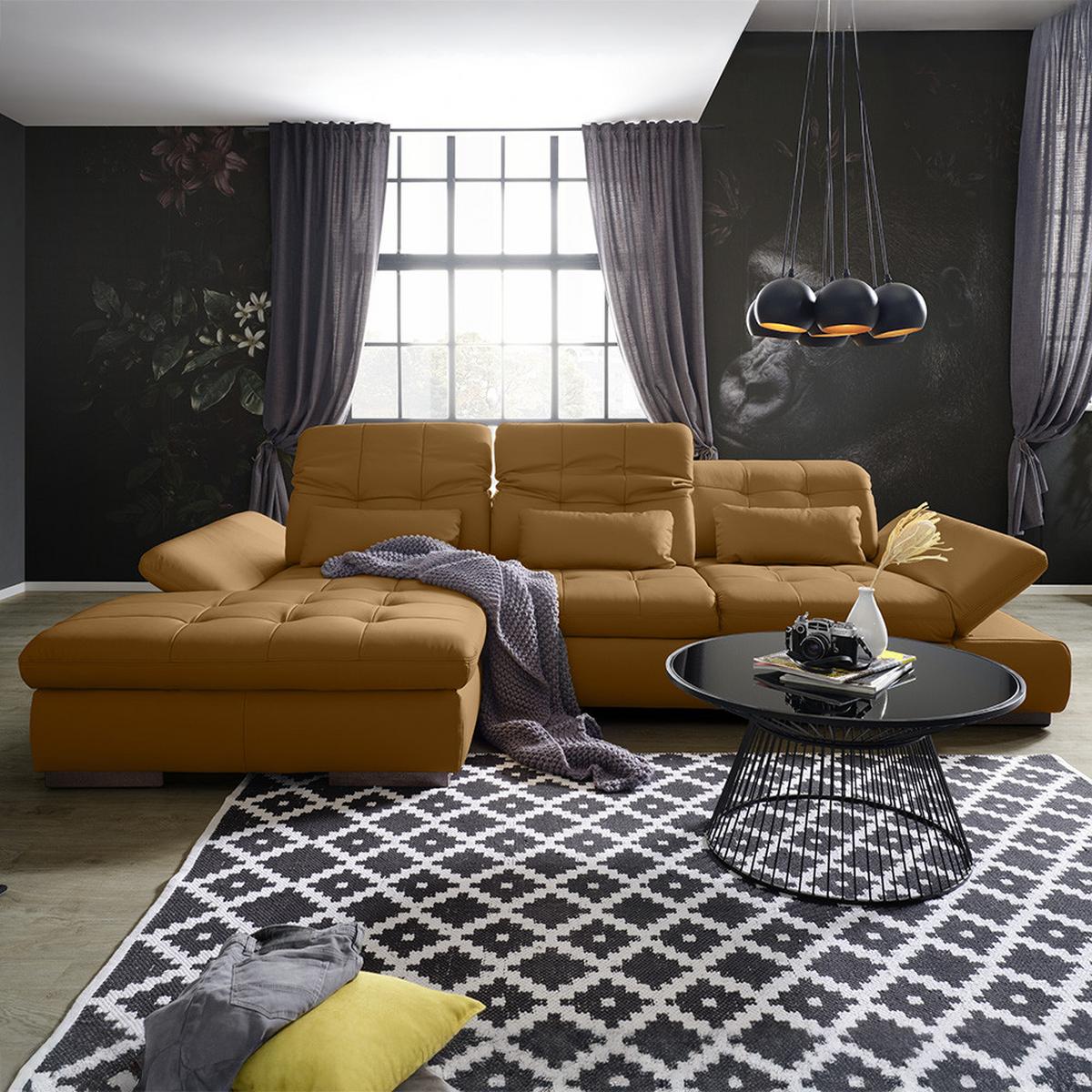 Wohnlandschaft Sanfino Leder Dunkelorange - Chromfarben/Dunkelorange, KONVENTIONELL, Leder/Metall (199/79-96/305cm) - Premium Living