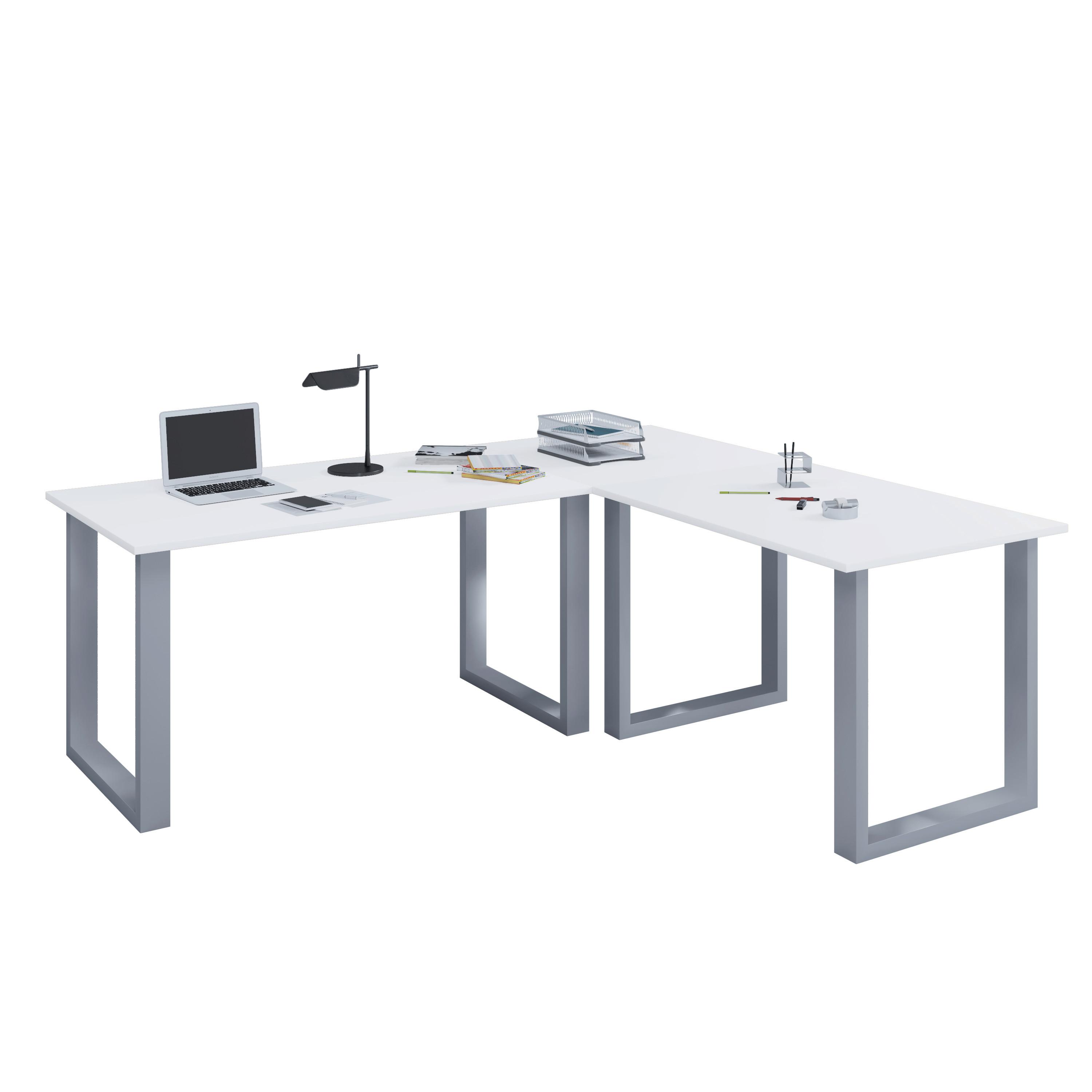 ECKSCHREIBTISCH LONA - Weiss/Silberfarben, Design, Holzwerkstoff/Metall (130/130/76cm) - MID.YOU