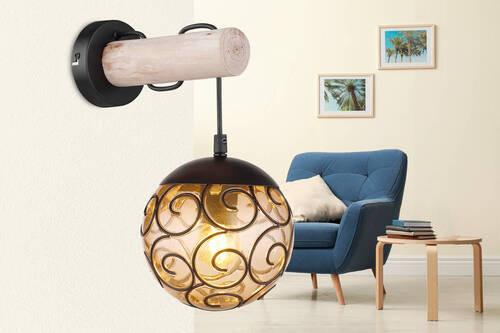 Wandleuchte Maxi max. 9 Watt - Schwarz/Naturfarben, KONVENTIONELL, Holz/Kunststoff (15/24,5/36cm) - Globo