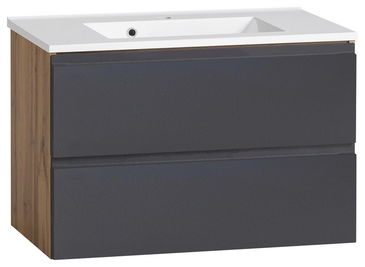 Waschtischkombi Varese ca. 80 cm Grau/Eiche - Eiche Wotan/Weiß, MODERN, Holzwerkstoff/Stein (80cm) - Held