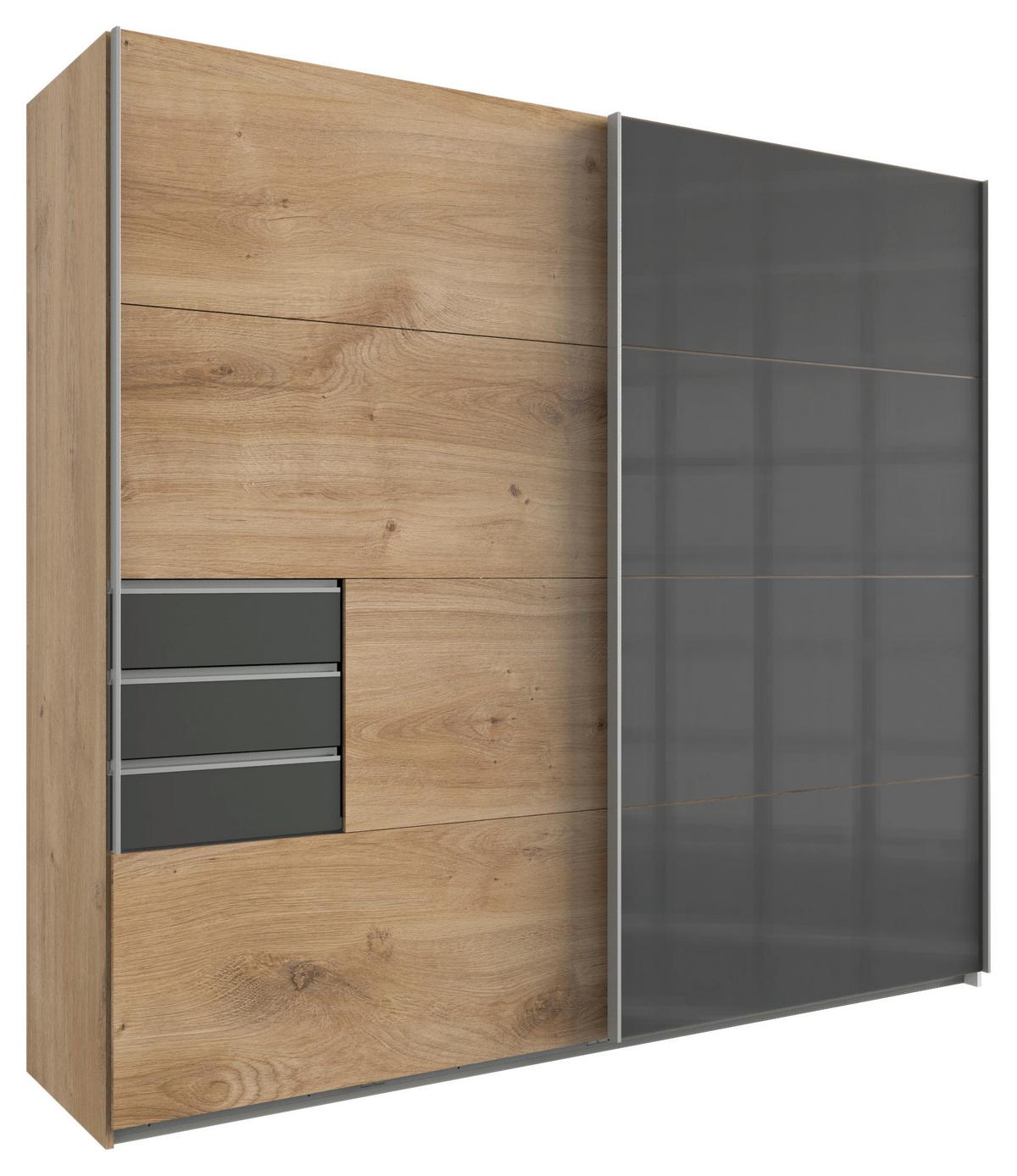 Schwebetürenschrank Saigon in Graphit/Grau/Plankeneiche - Plankeneiche/Graphitfarben, KONVENTIONELL, Glas/Holzwerkstoff (225/208/64cm) - Premium Living