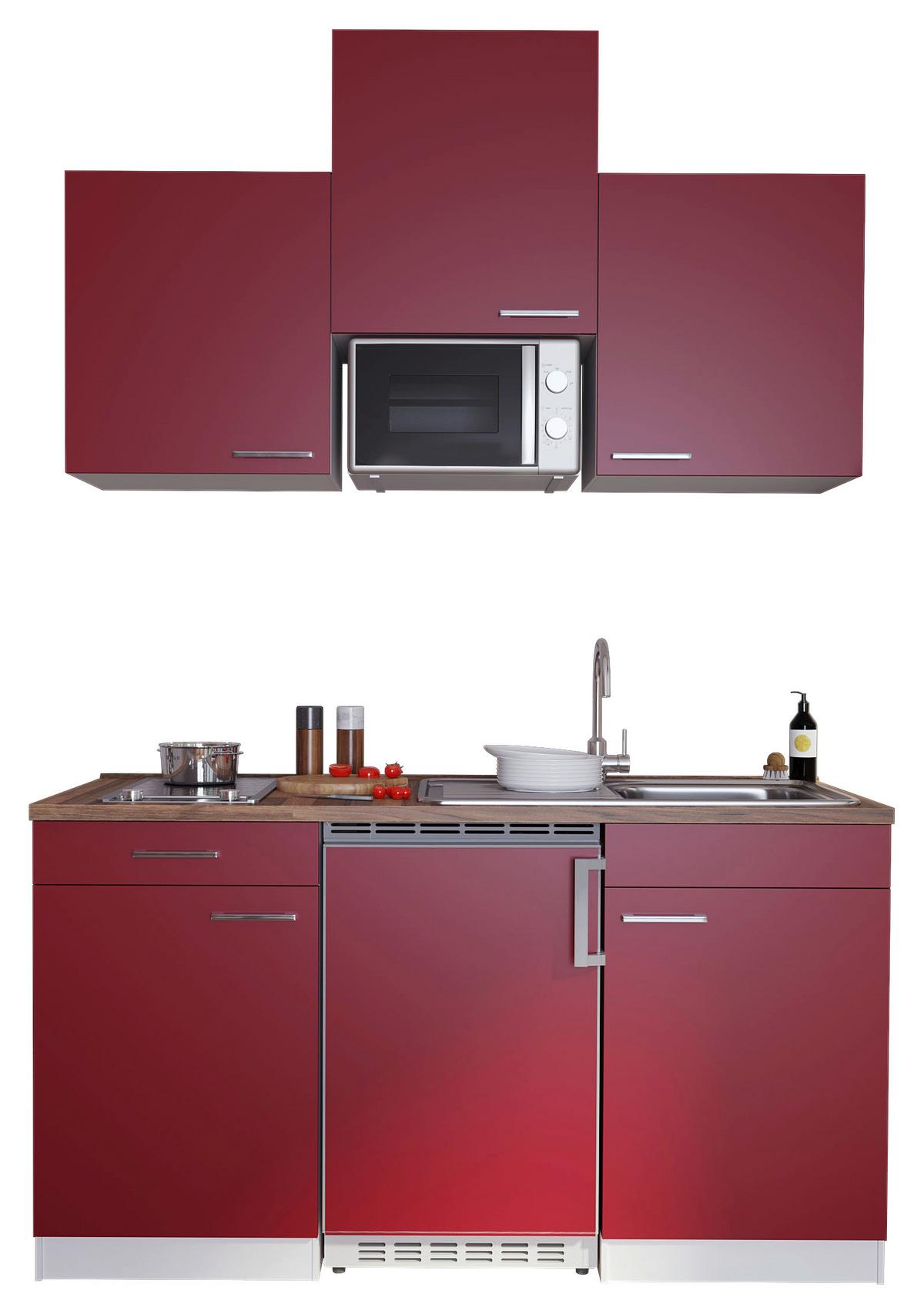 Miniküche Economy m. Geräten Rot B: ca. 150 cm - Edelstahlfarben/Rot, Basics, Holzwerkstoff/Kunststoff (150cm) - Respekta