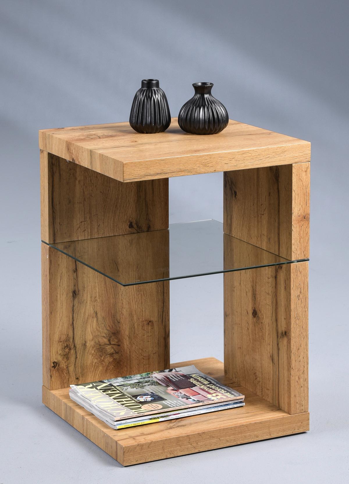 STOLIK BOCZNY DOMINGO - kolor dębowy, Basics, materiał drewnopochodny/szkło (40/40/60cm) - Xora