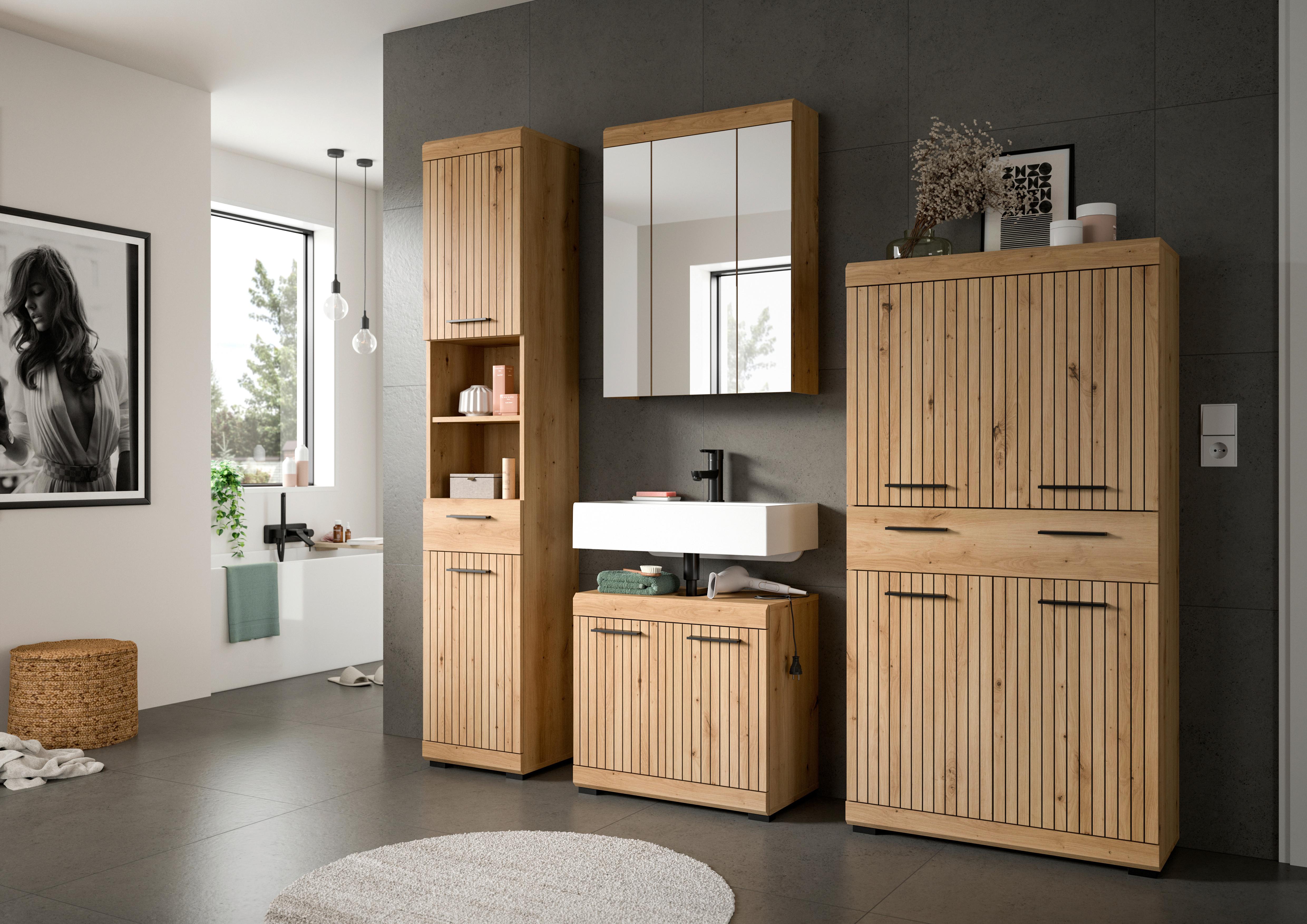 Badezimmer Scout Eiche Artisan 4-teilig - Schwarz/Eiche Artisan, Trend, Glas/Holzwerkstoff (171cm) - MID.YOU