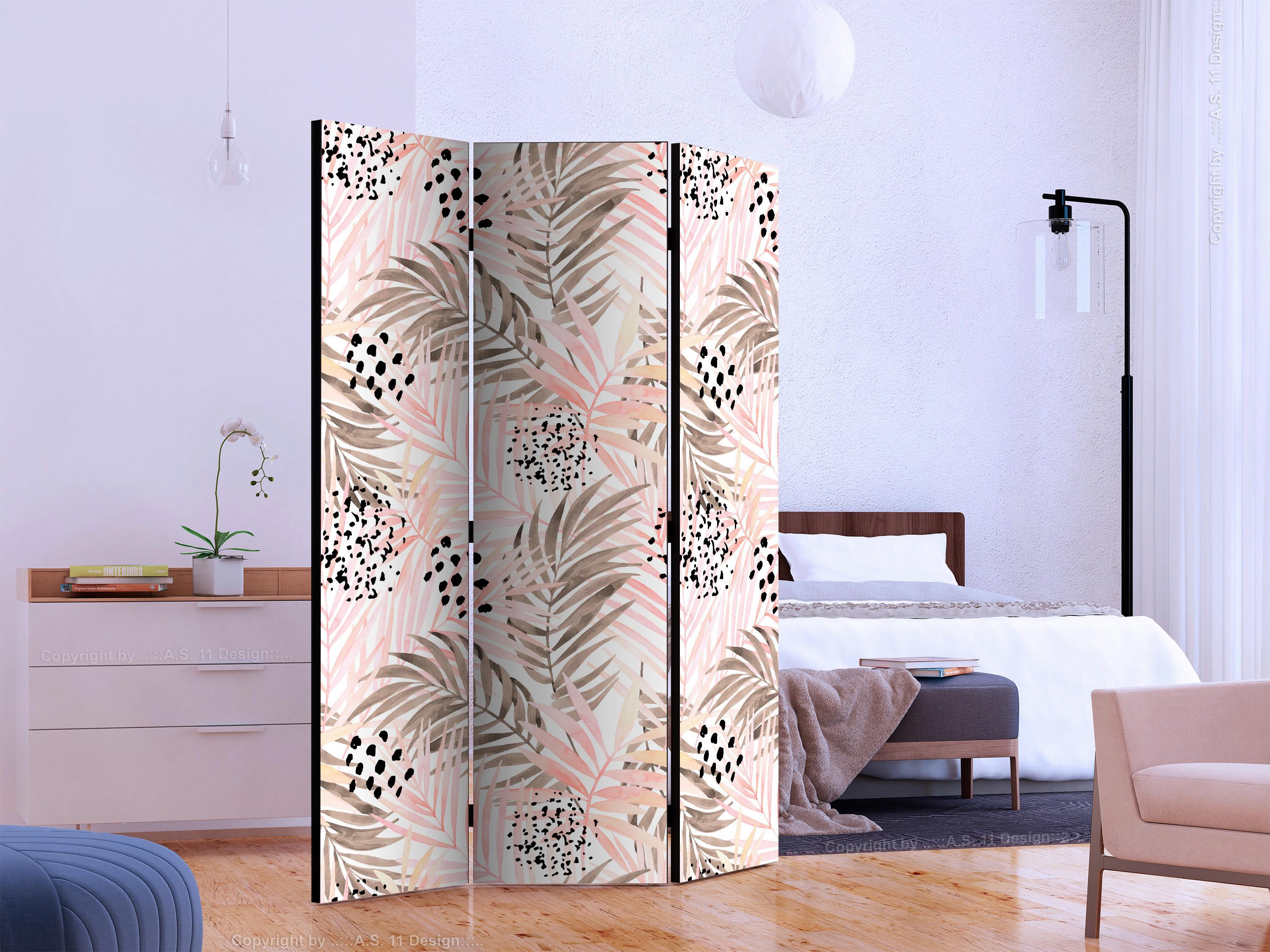 Paravan Pink Palm Leaves, 3-Delni, Dvostranski - pink/bela, Basics, tekstil/les (135/172/3cm) - artgeist