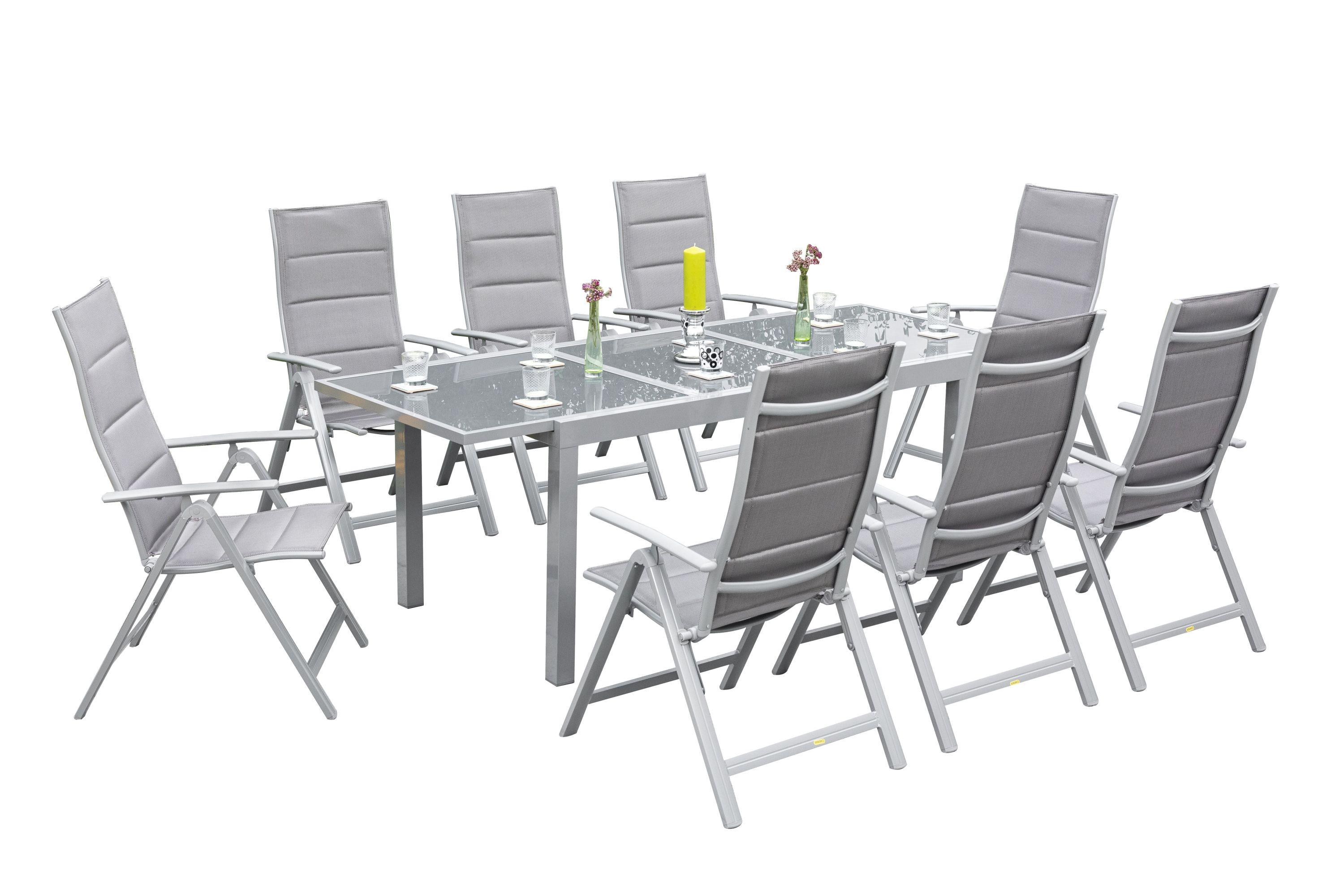 Gartengarnitur 9-tlg. Taviano Metall/Textil/Glas - Silberfarben/Braun, ROMANTIK / LANDHAUS, Glas/Textil - Gardenson