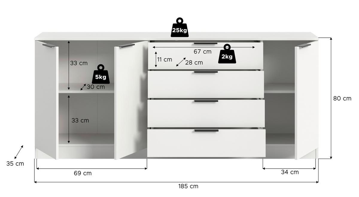 Kommode Kopenhagen Weiß - Schwarz/Weiß, Design, Holzwerkstoff/Kunststoff (185/80/35cm) - Livetastic