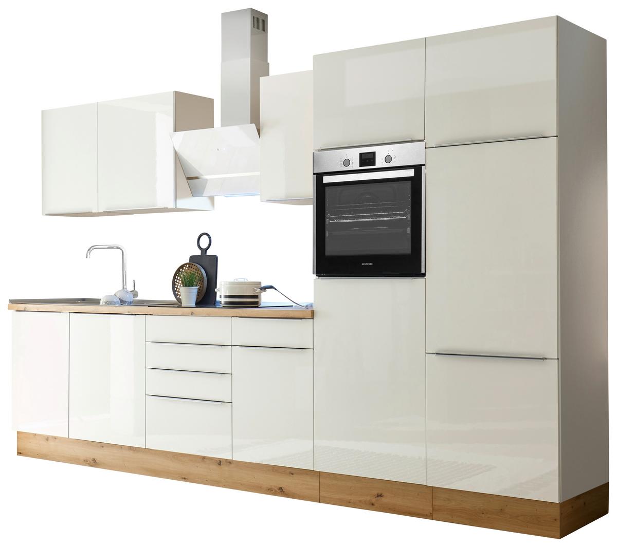 Küchenblock Marleen m. Geräten Weiß B: ca. 340 cm - Weiß Hochglanz/Alufarben, LIFESTYLE, Holzwerkstoff/Kunststoff (340cm) - Respekta