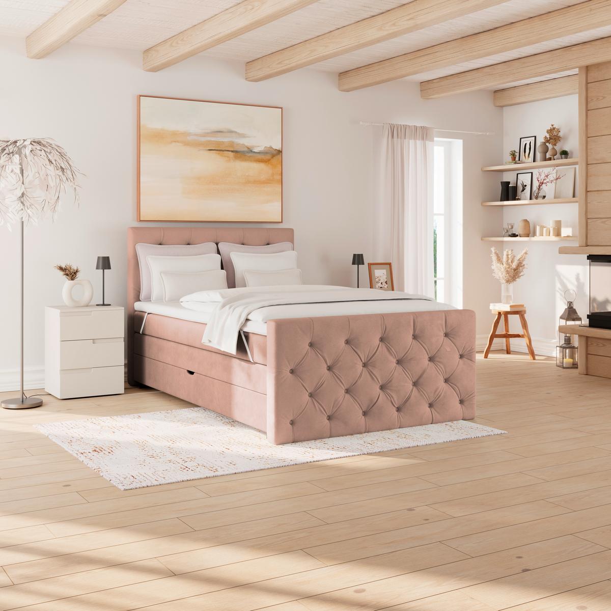 Boxspring Krevet Elio - bež/prljavo ružičasta, Romantično / ladanjski, tekstil/plastika (140/200cm) - Modern Living