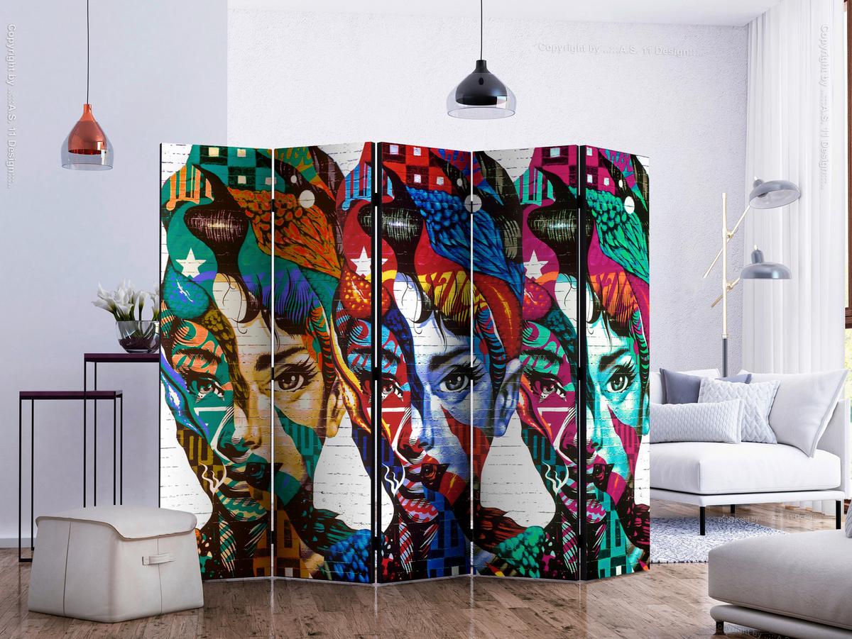 Paravan Colorful Faces I, 5-Delni, Dvostranski - večbarvno, Basics, tekstil/les (225/172/3cm) - artgeist