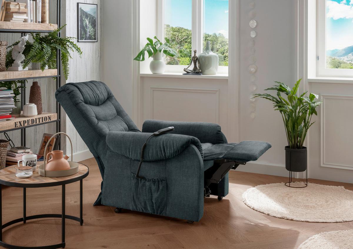 Fernsehsessel Nino Dunkelblau Velours - Schwarz/Braun, Design, Kunststoff/Textil (76/106/94cm) - Livetastic