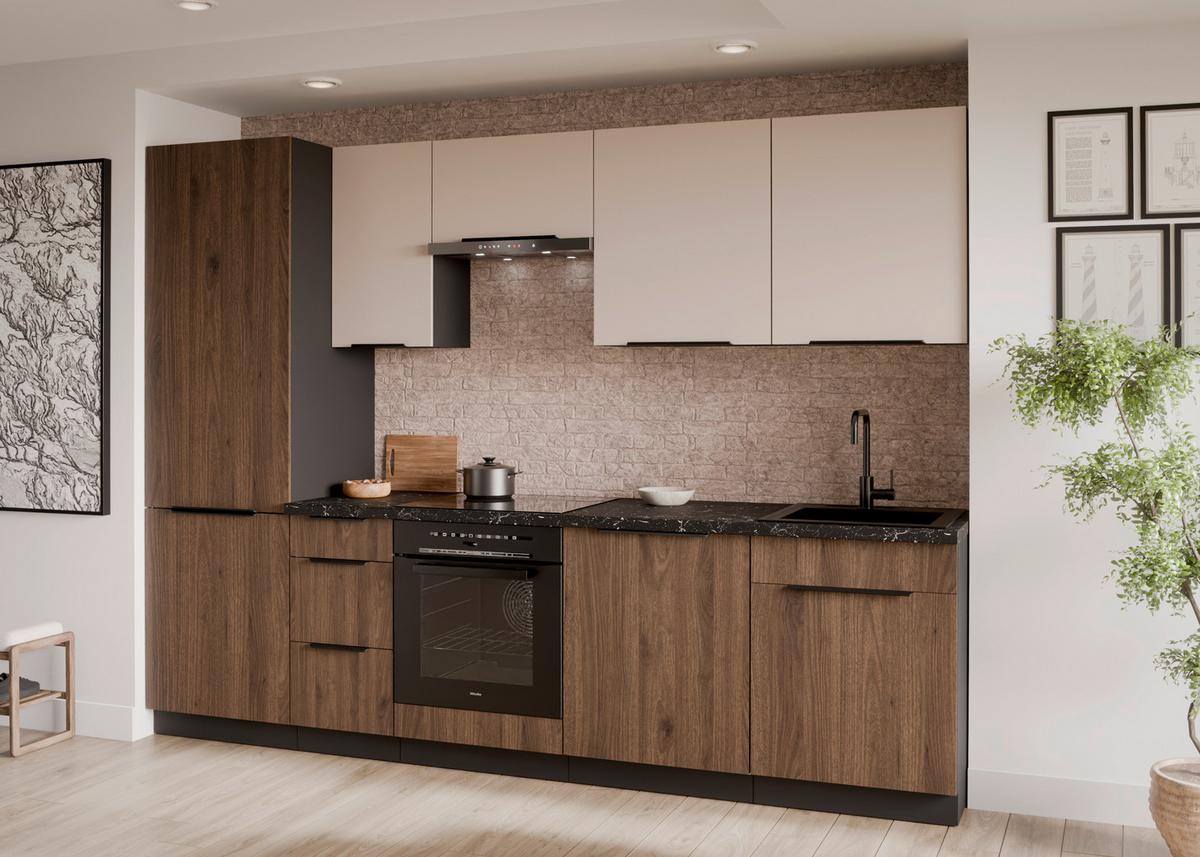 Bucatarie fara electrocasnice MONZA/ARONA - cașmir/culoare lemn de nuc, Modern, material pe bază de lemn (280/210/60cm) - Modern Living