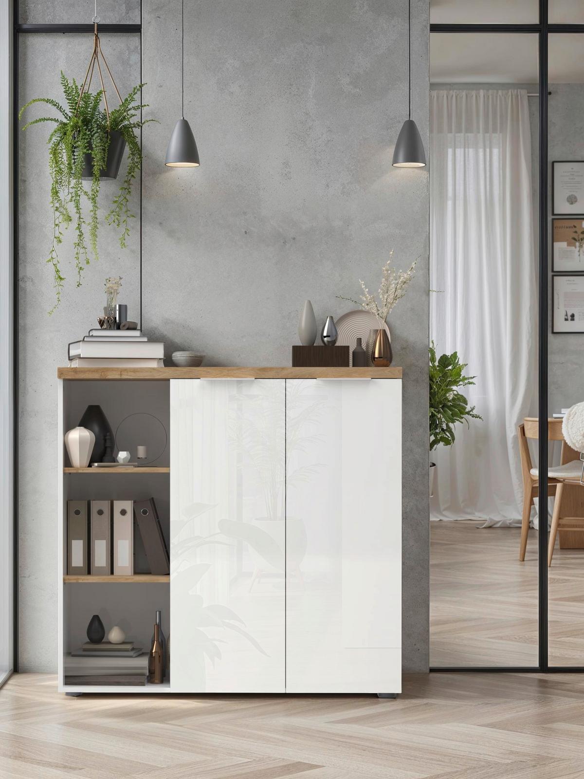 Schrank Easy Office Eichefarben/Weiß Hochglanz - Weiß Hochglanz/Eichefarben, MODERN, Holzwerkstoff/Metall (121/116/34cm) - Based