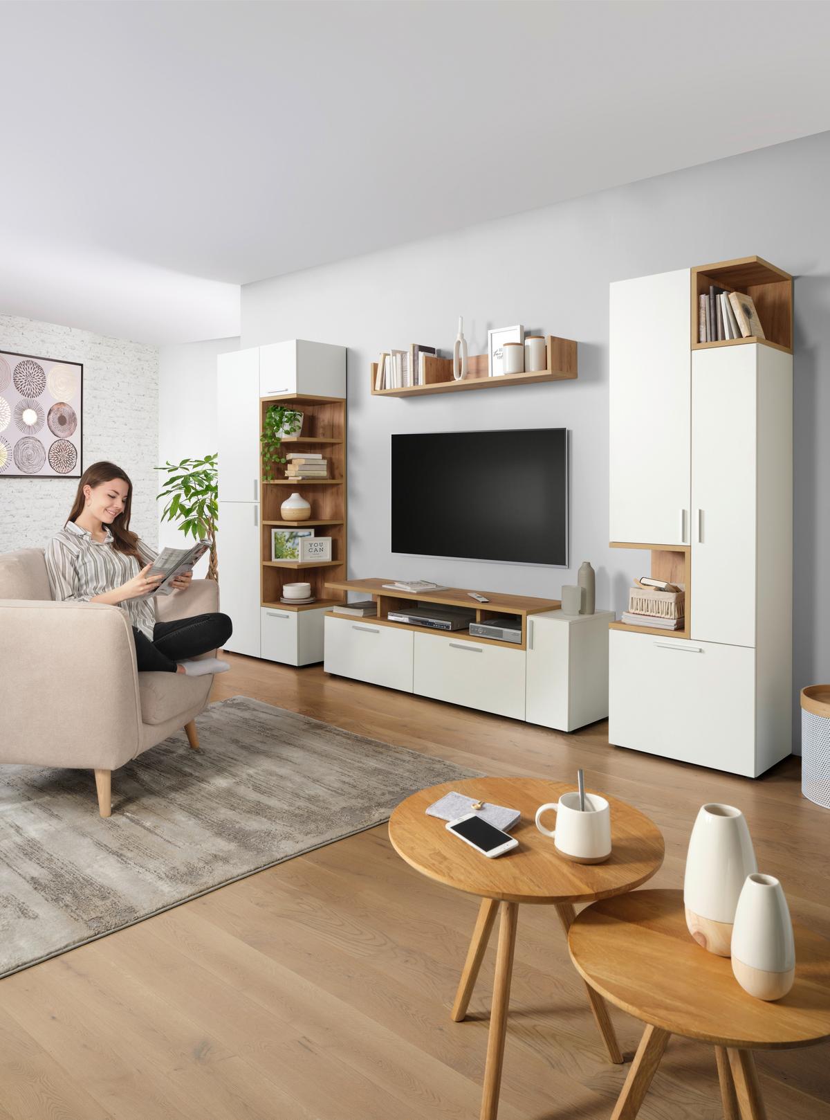 TV-Element in Weiß/Eichefarben - Eichefarben/Alufarben, MODERN, Holzwerkstoff/Kunststoff (160/53/40cm) - Mömax