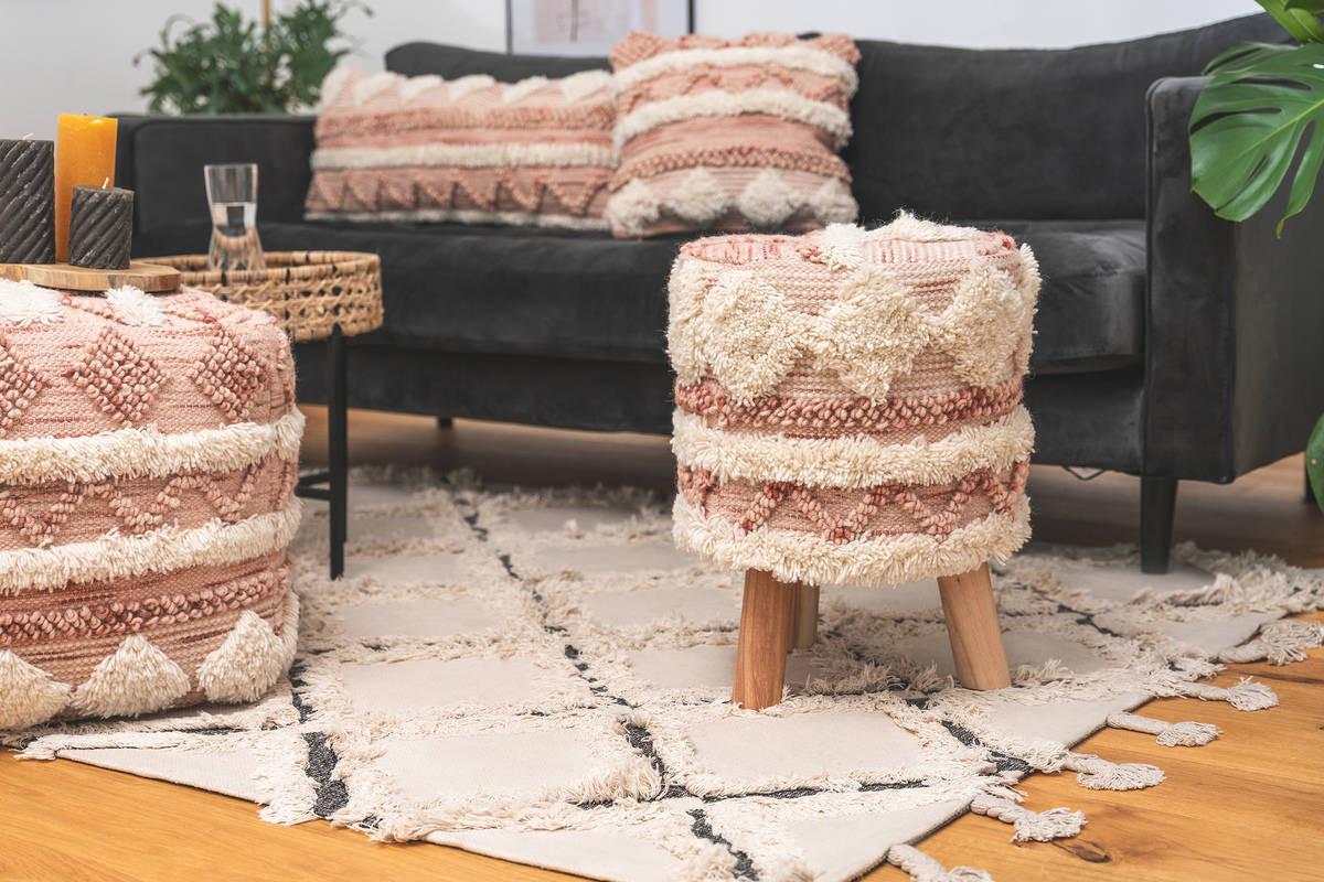 Hocker Bohist Creme, Rosa Makramee - Creme/Rosa, Trend, Holz/Textil (38/50/38cm) - Kayoom