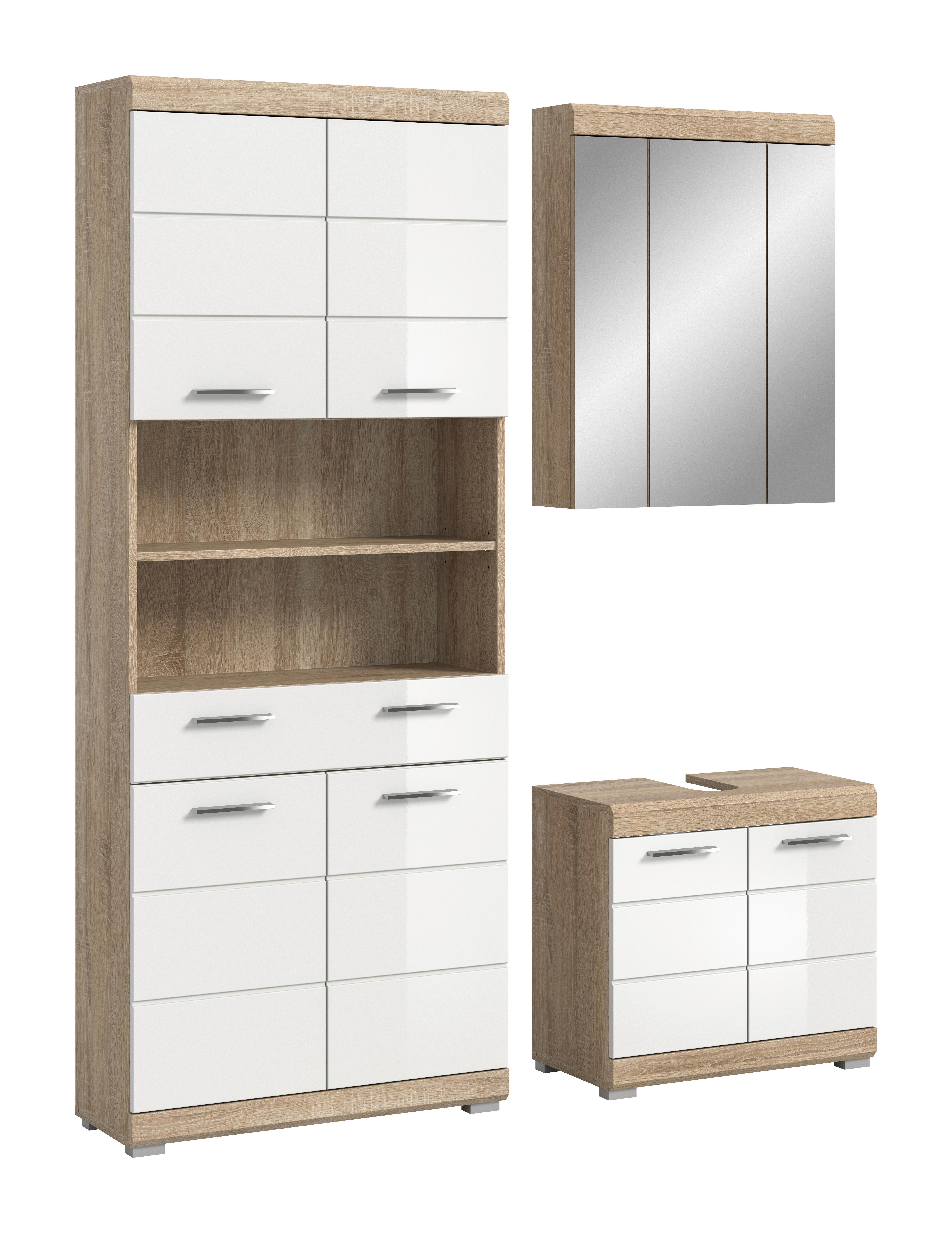 Badezimmer Lambada 3-tlg. ca. 134 cm Eiche/Weiß - Chromfarben/Weiß Hochglanz, Basics, Holzwerkstoff/Kunststoff (134cm) - MID.YOU