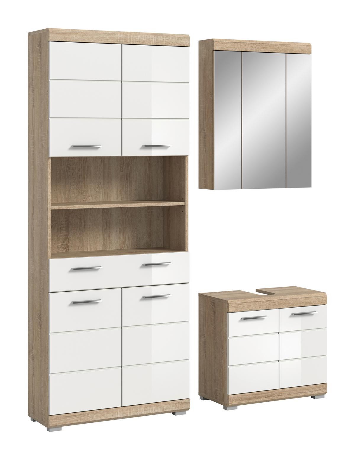 Badezimmer Lambada 3-tlg. ca. 134 cm Eiche/Weiß - Chromfarben/Weiß Hochglanz, Basics, Holzwerkstoff/Kunststoff (134cm) - MID.YOU