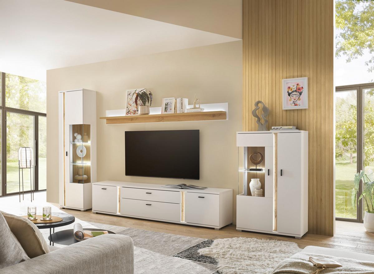 WOHNWAND LONG ISLAND - Eiche Wotan/Silberfarben, Design, Glas/Holzwerkstoff (355/200/42cm) - MID.YOU