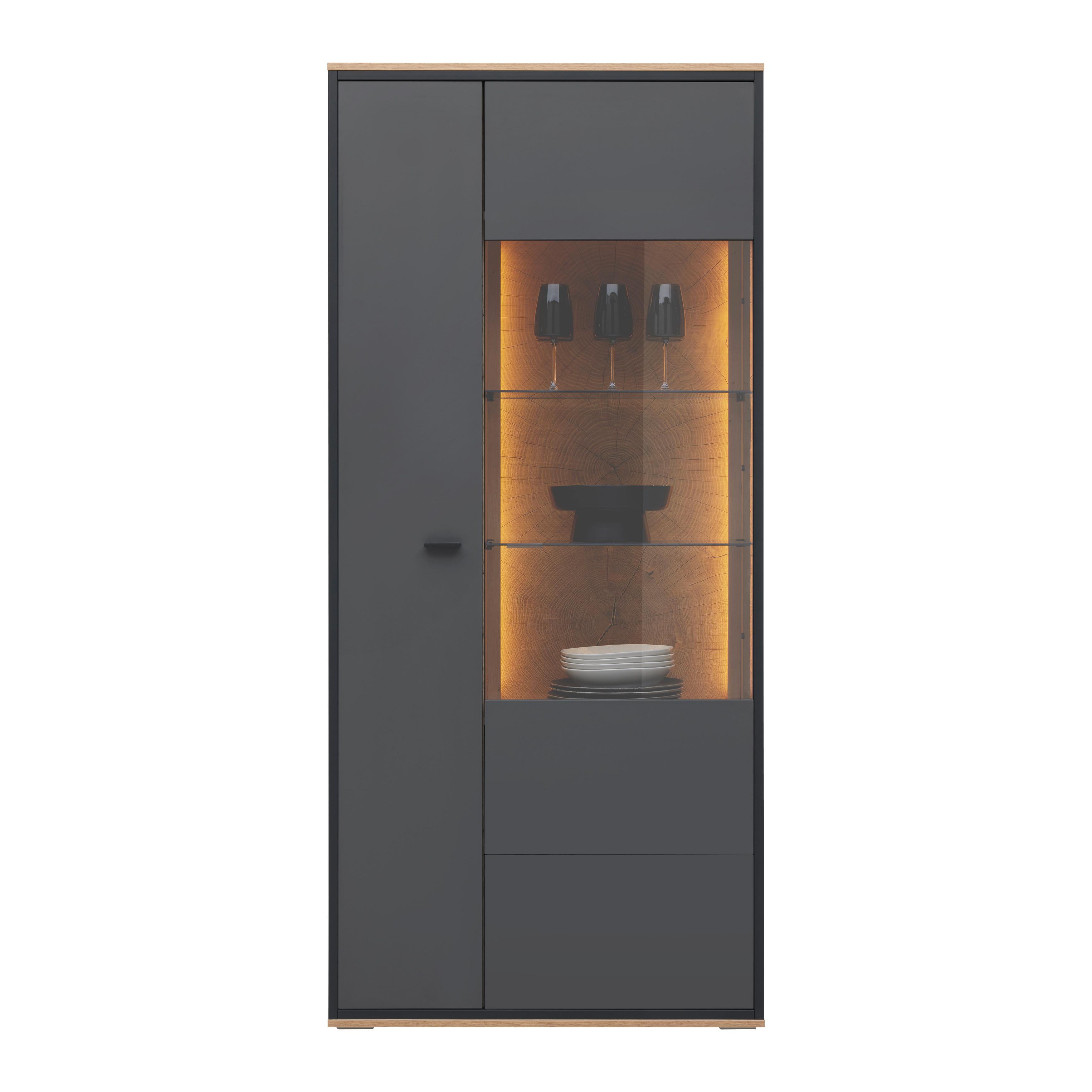 Vitrine Florenz Grau/Eiche Artisan - Schwarz/Eiche Artisan, MODERN, Glas/Holzwerkstoff (90,2/202,0/38cm) - Premium Living