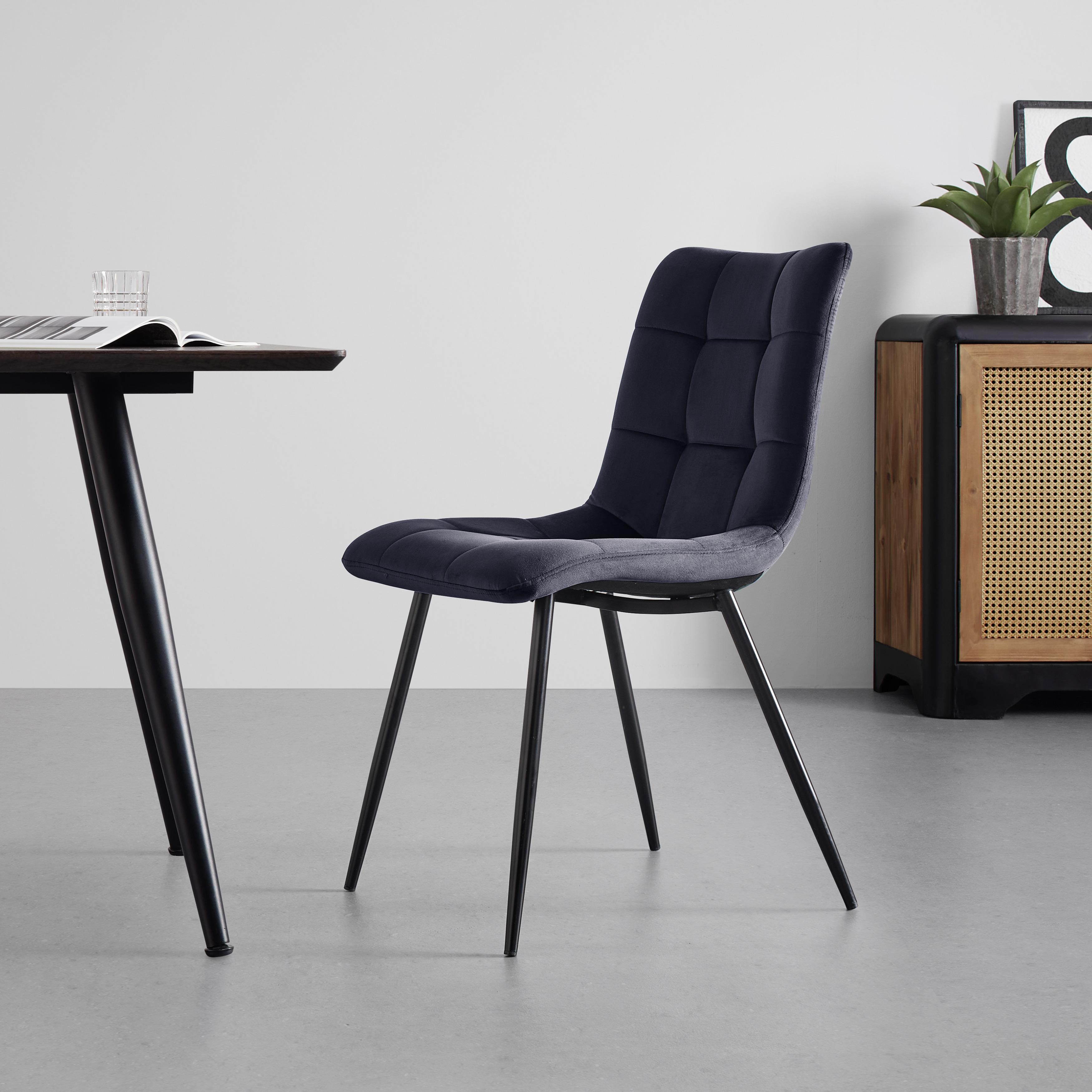 Stuhl "Suri", Samtbezug, dunkelblau, Gepolstert - Schwarz/Dunkelblau, MODERN, Holz/Textil (46/87/59cm) - Bessagi Home