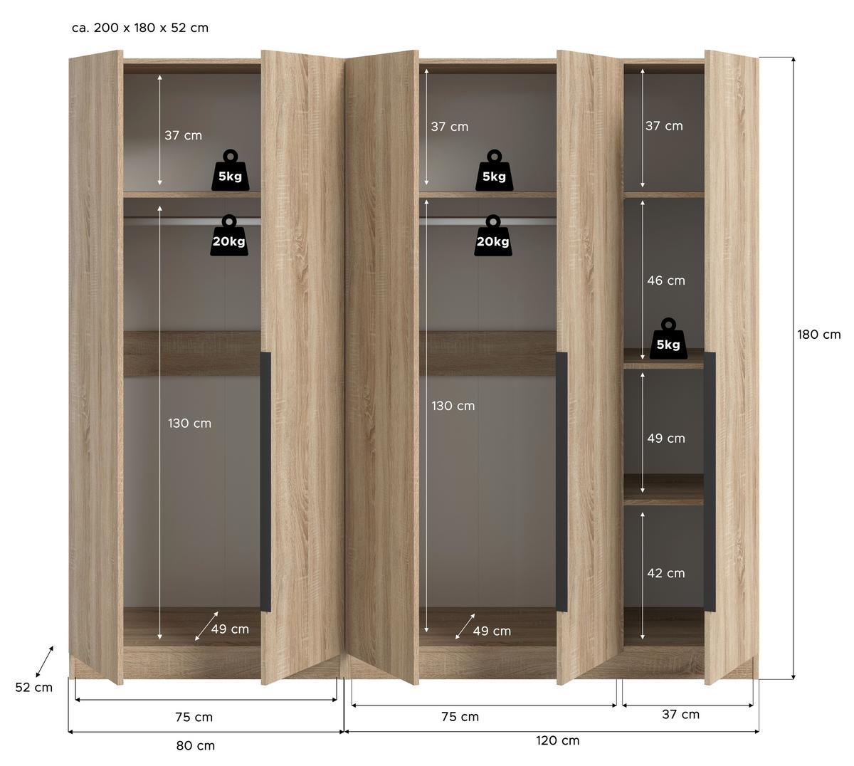Drehtürenschrank KOPENHAGEN ca.200x181x52cm Sonoma Eiche - Schwarz/Sonoma Eiche, MODERN, Holzwerkstoff/Kunststoff (200/181/52cm) - MID.YOU
