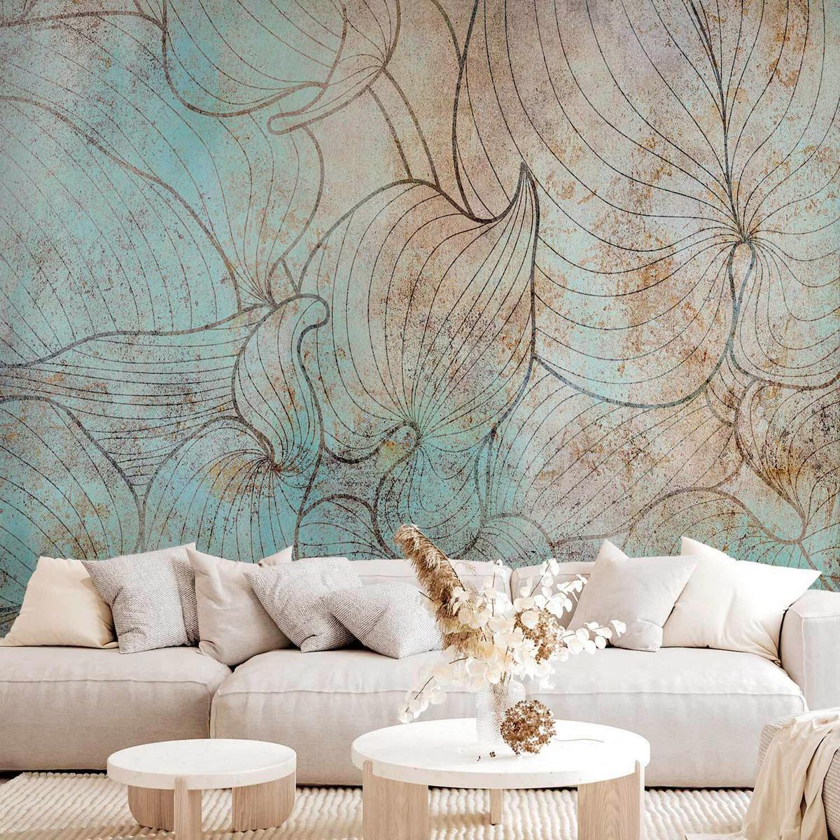 Fototapeta Leaves In Blue, 200x140cm - pastelno modra/barve bakra, Trendi, tekstil (200/140cm) - artgeist