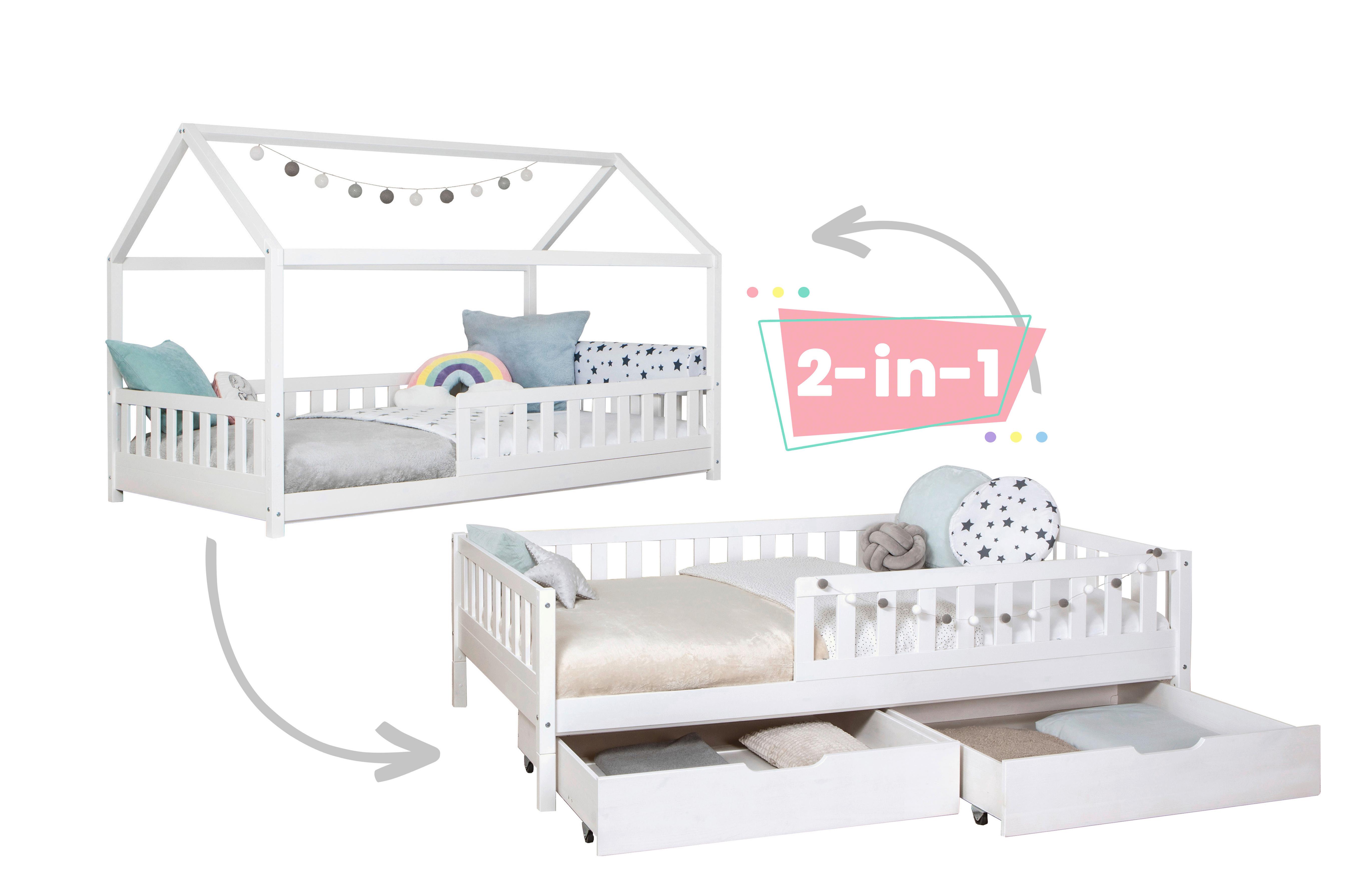 Postelja S Predalom Duo, 90x200, Bor, Bela, Masivno - bela/naravne barve, Moderno, les (90/200cm) - MID.YOU