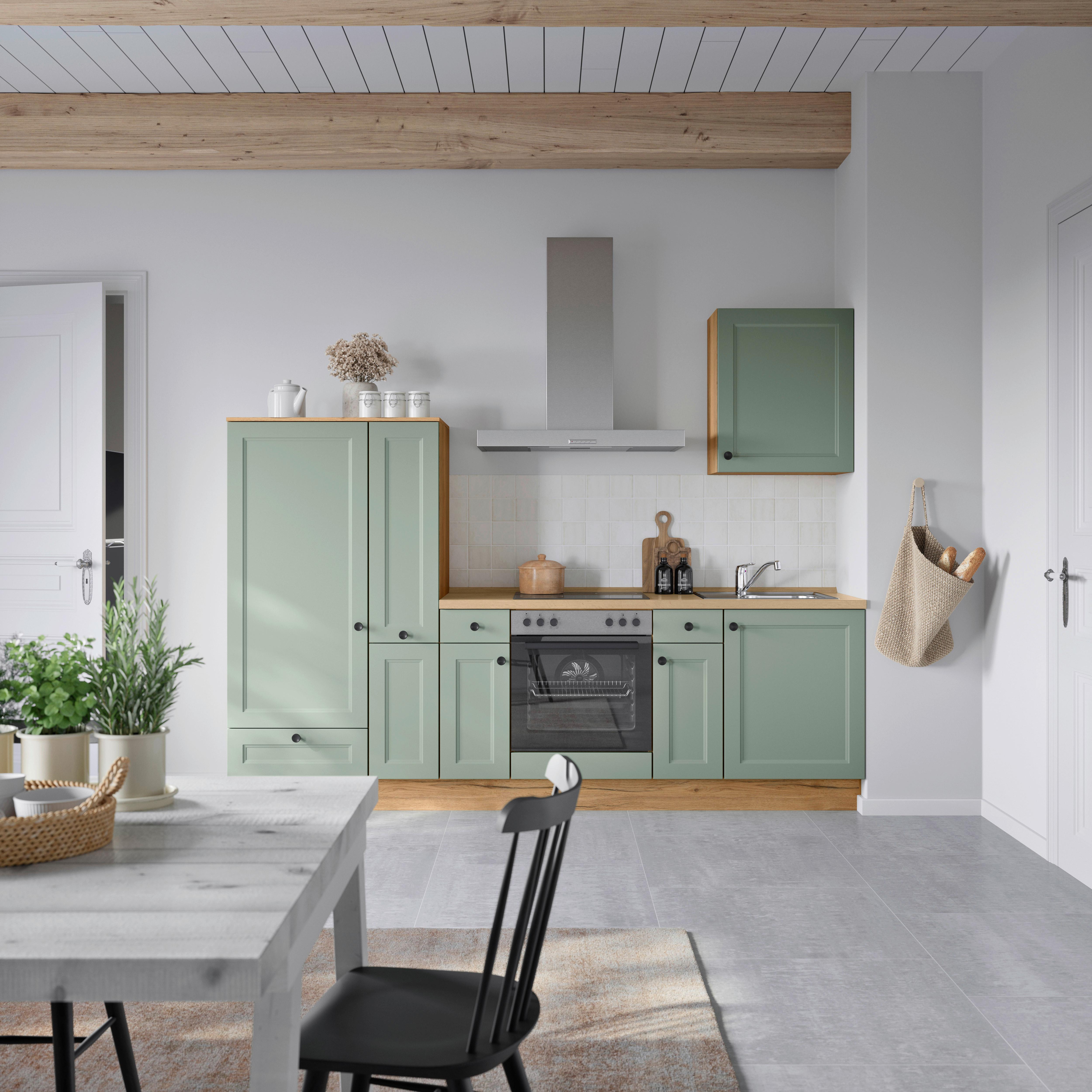 Küchenblock Cascada Low m. Geräten Schilfgrün - Schilfgrün/Eichefarben, MODERN, Holzwerkstoff/Metall (270cm) - Nobilia