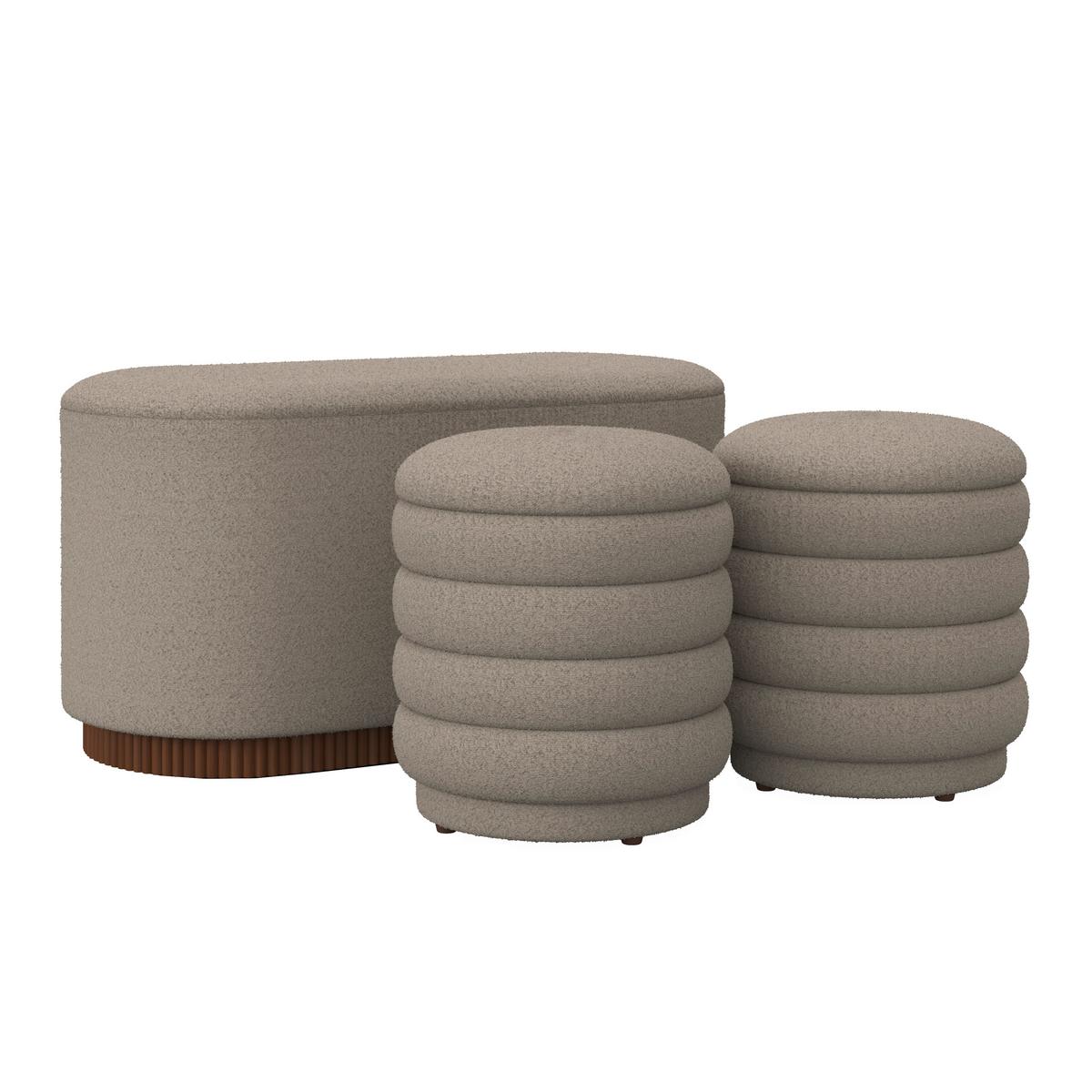 Sitzbank Nina mit Stauraum inkl. 2 Hocker Bouclé Beige - Beige/Naturfarben, MODERN, Holz/Holzwerkstoff - Bessagi Home