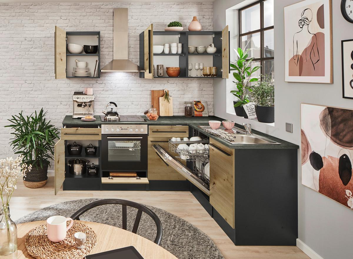 Eckküche Jazz mit Geräten ca.220x175cm Eiche/Anthrazit - Anthrazit/Schwarz, LIFESTYLE, Holzwerkstoff/Kunststoff (220/175cm) - P & B