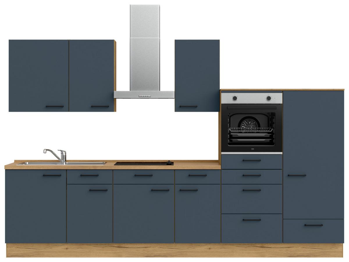 Küchenblock Easytouch Low m. Geräten Blau - Blau/Eichefarben, MODERN, Holzwerkstoff/Metall (330cm) - Nobilia