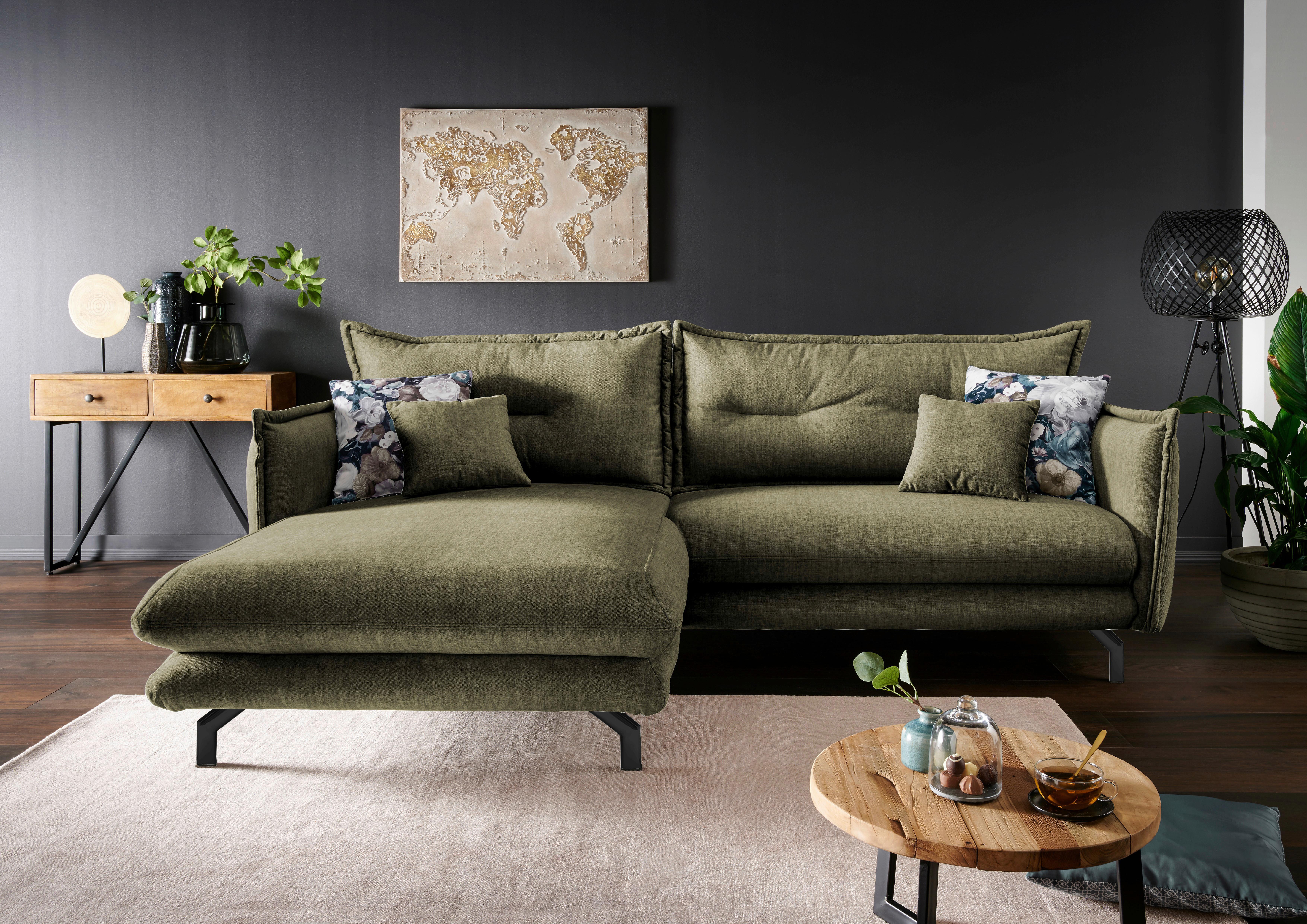 Wohnlandschaft Lava Grün Velours - Türkis/Schwarz, MODERN, Textil/Metall (180/255cm) - Livetastic