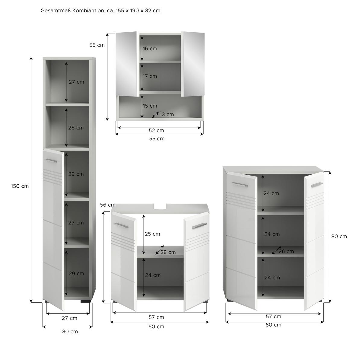 Badezimmer-Set COPA 4-teilg, Grau/Weiß Hochglanz - Chromfarben/Weiß Hochglanz, MODERN, Holzwerkstoff/Kunststoff (150cm) - MID.YOU