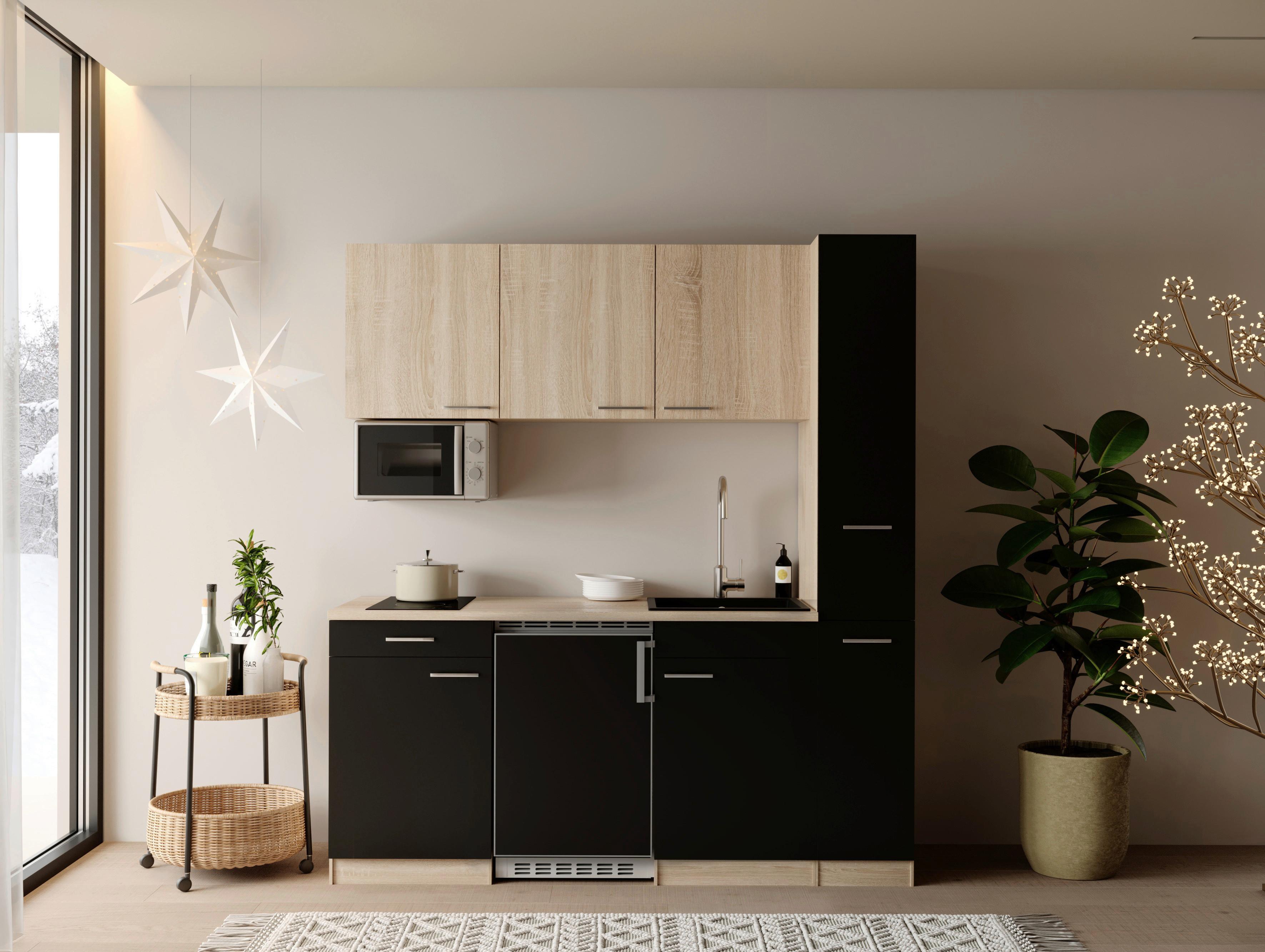 Küchenblock Ingrid m. Geräten Schwarz - Eichefarben/Schwarz, Design, Holzwerkstoff/Kunststoff (180cm) - Respekta