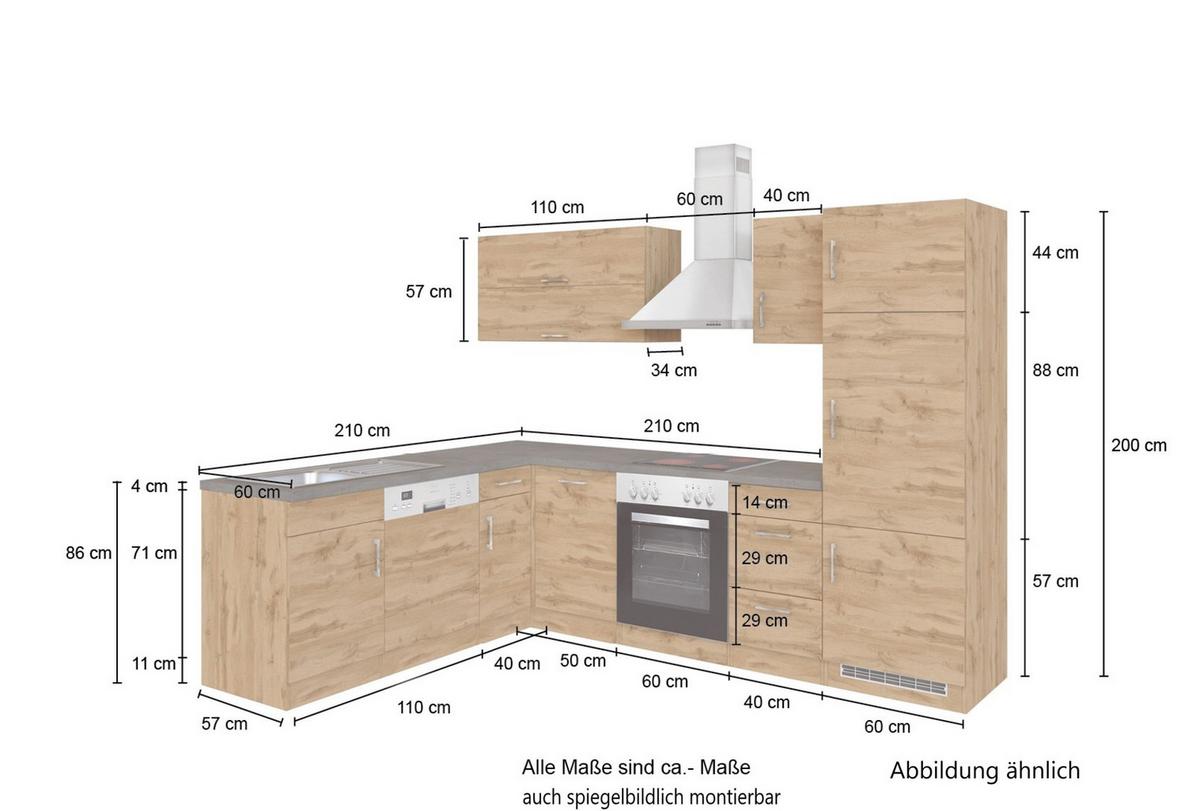 Eckküche Winkelblock ohne Geräte ca. 210x270 cm Eiche - Apfelbaumfarben/Eichefarben, MODERN, Holzwerkstoff (210/270cm) - Held