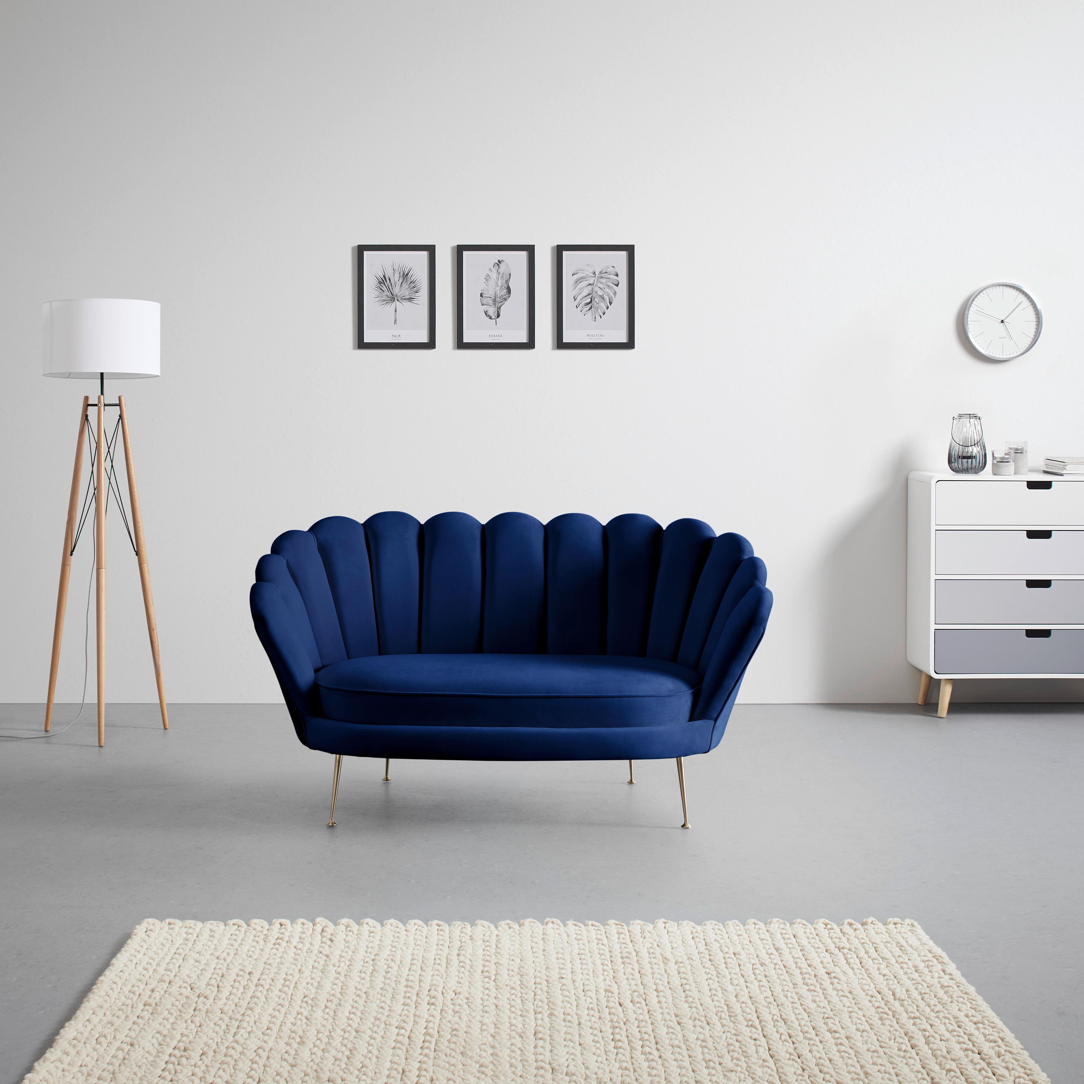 Dvosed Jellina, Temno Modra, Žamet - zlate barve/barve šampanjca, Moderno, kovina/tekstil (144/80/84cm) - Bessagi Home