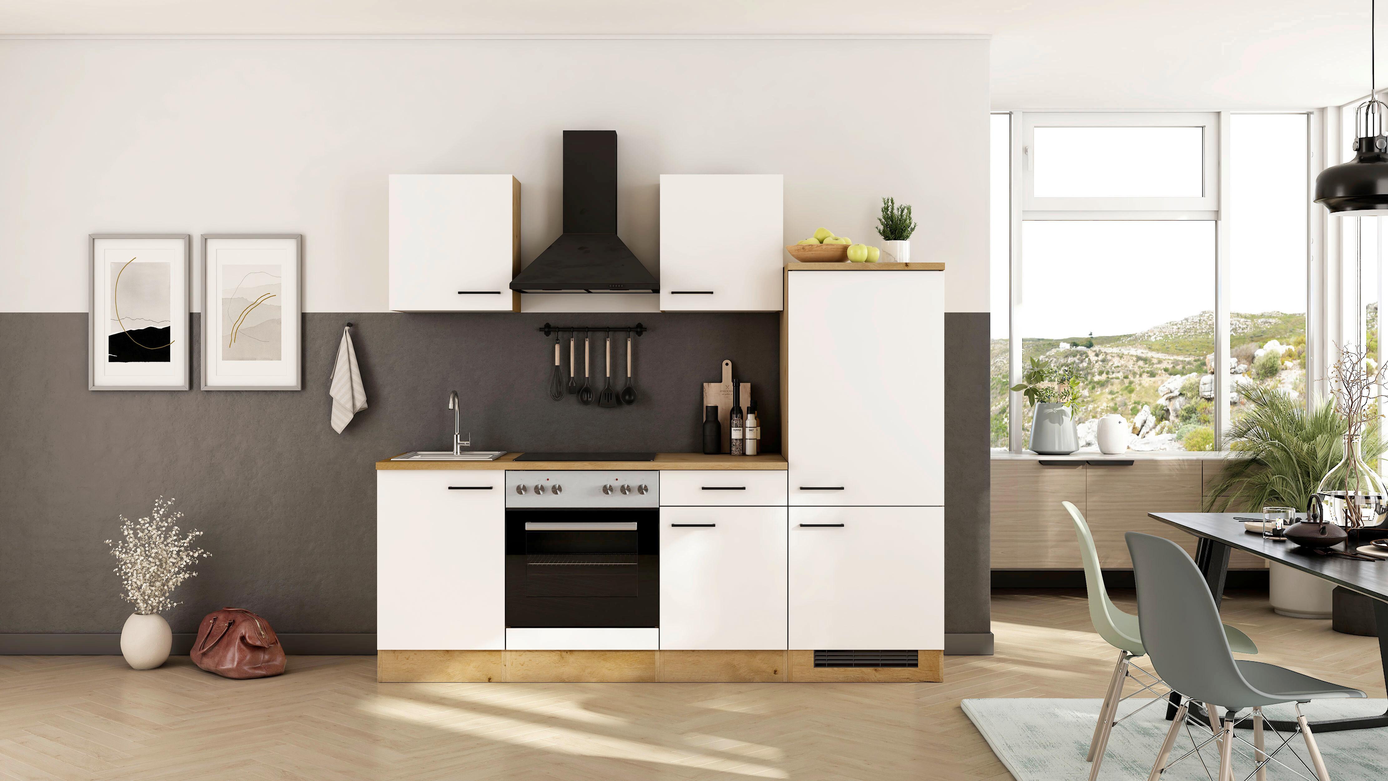 Küchenblock Avila m. Geräten Magnolie - Eichefarben/Magnolie, Trend, Holzwerkstoff/Metall (220cm) - FlexWell