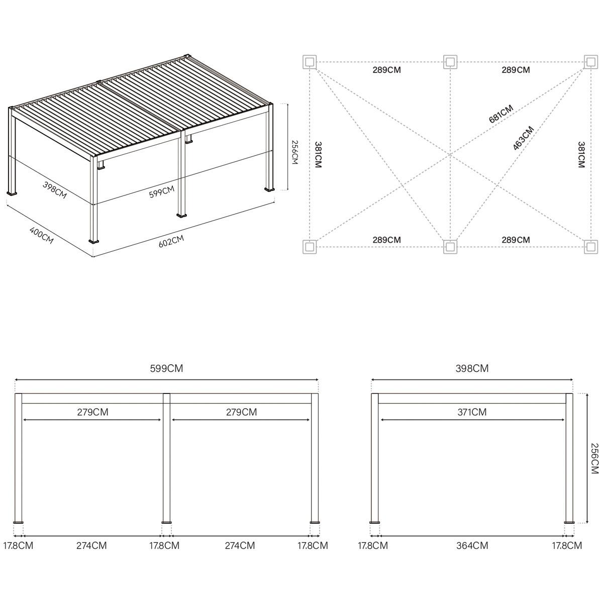 Pergola Deluxe Plus m. LED ca. 600x400 cm Anthr. Netzbetr - Anthrazit, Basics, Metall (600/255/400cm) - Gardenson