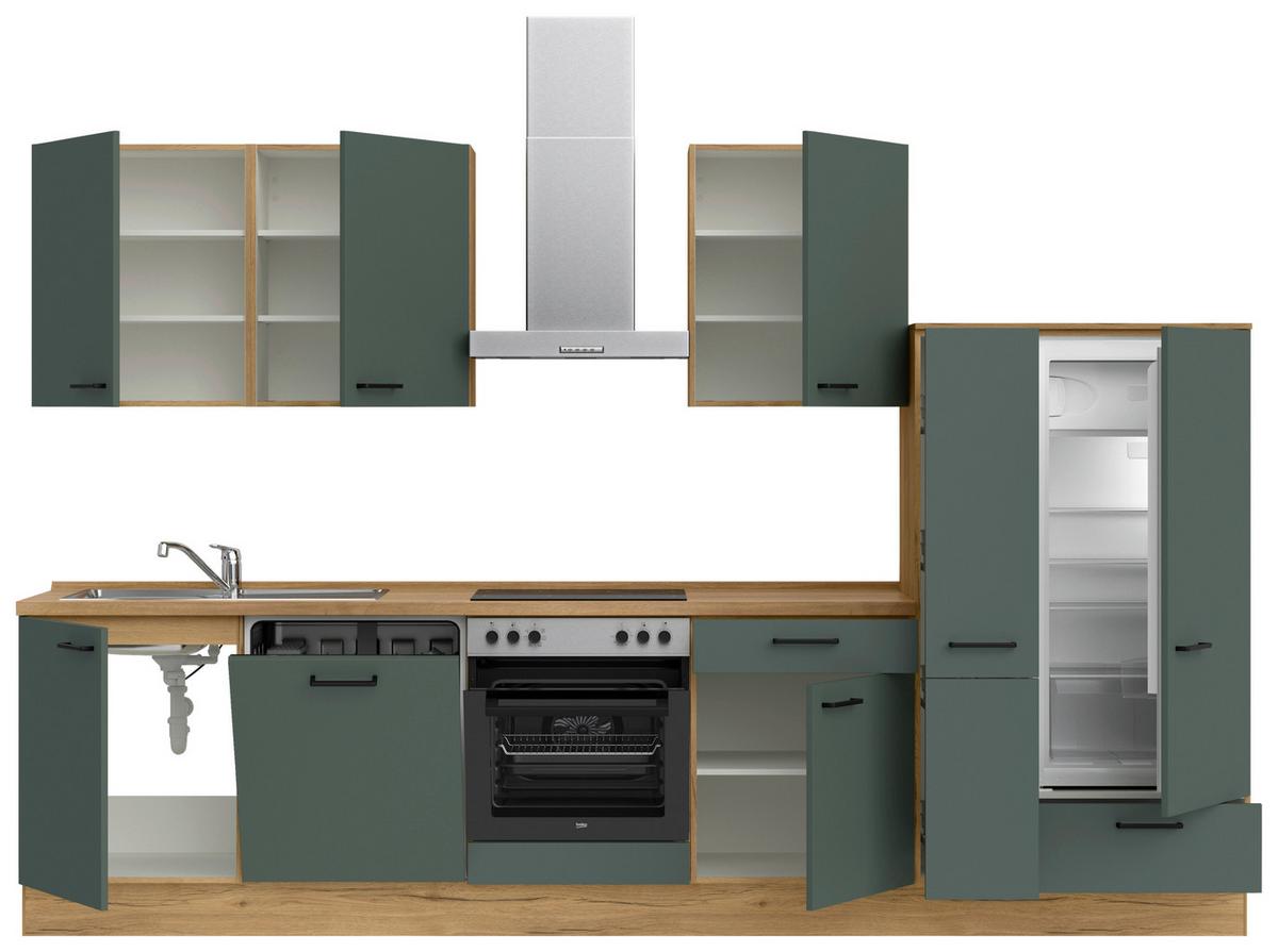 Küchenblock Easytouch m. Geräten Dunkelgrün - Dunkelgrün/Eichefarben, MODERN, Holzwerkstoff/Metall (330cm) - Nobilia