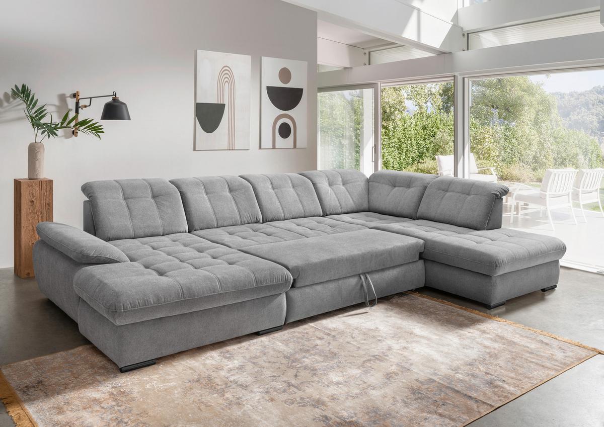 Wohnlandschaft Rigatti Silber Chenille mit Bettkasten - Silberfarben/Schwarz, MODERN, Textil/Metall (184/387/252cm) - Livetastic