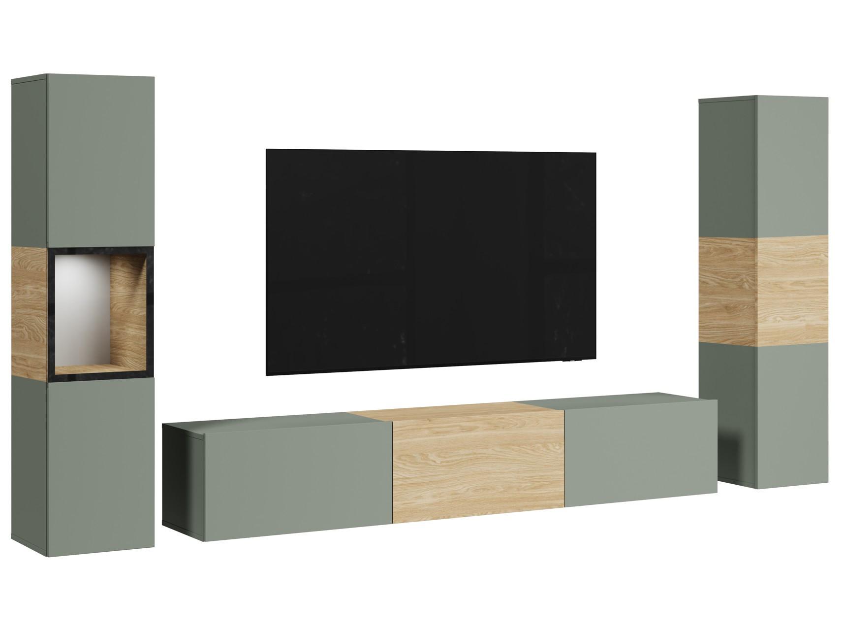 Ansamblu mobilier cameră de zi BERLIN - verde salvie/culoare lemn stejar, Design, sticlă/material pe bază de lemn (240/130/31cm) - P & B