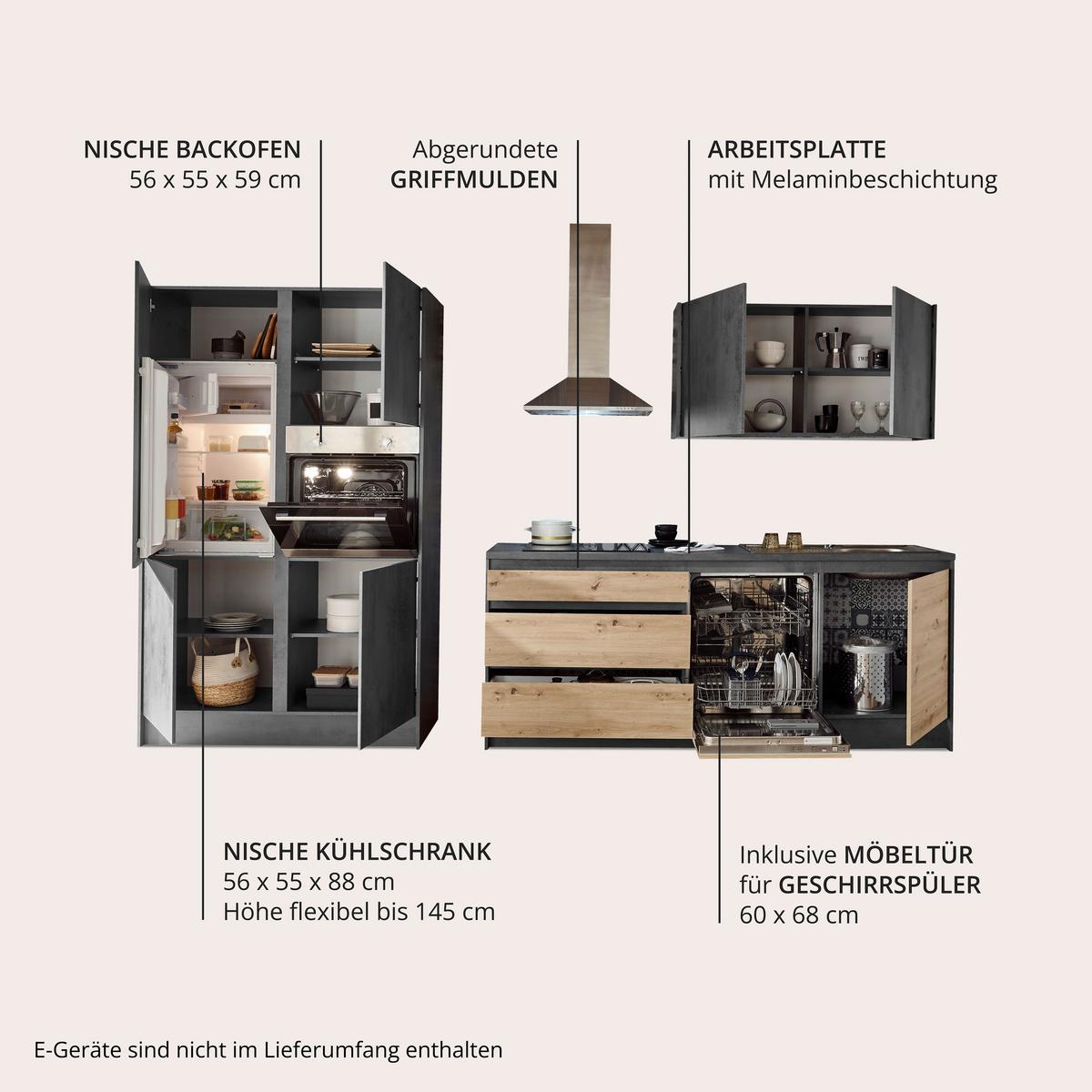 Küchenblock in Anthrazit/ Eichefarben ´TROJA+E´ - Anthrazit/Eiche Artisan, Design, Holzwerkstoff (335cm) - P & B