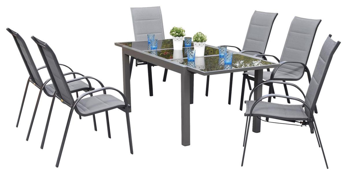 Gartentischgruppe Amalfi 7-tlg. Graphitfarben - Graphitfarben/Grau, KONVENTIONELL, Glas/Textil - Gardenson